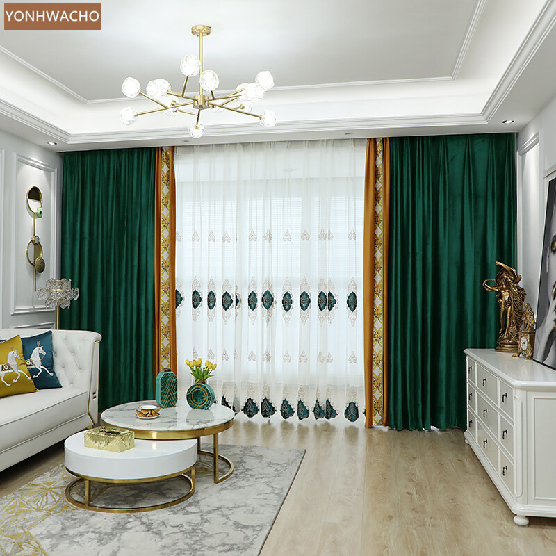 Nordic simplicity stitching velvet green cloth blackout curtain valance C377