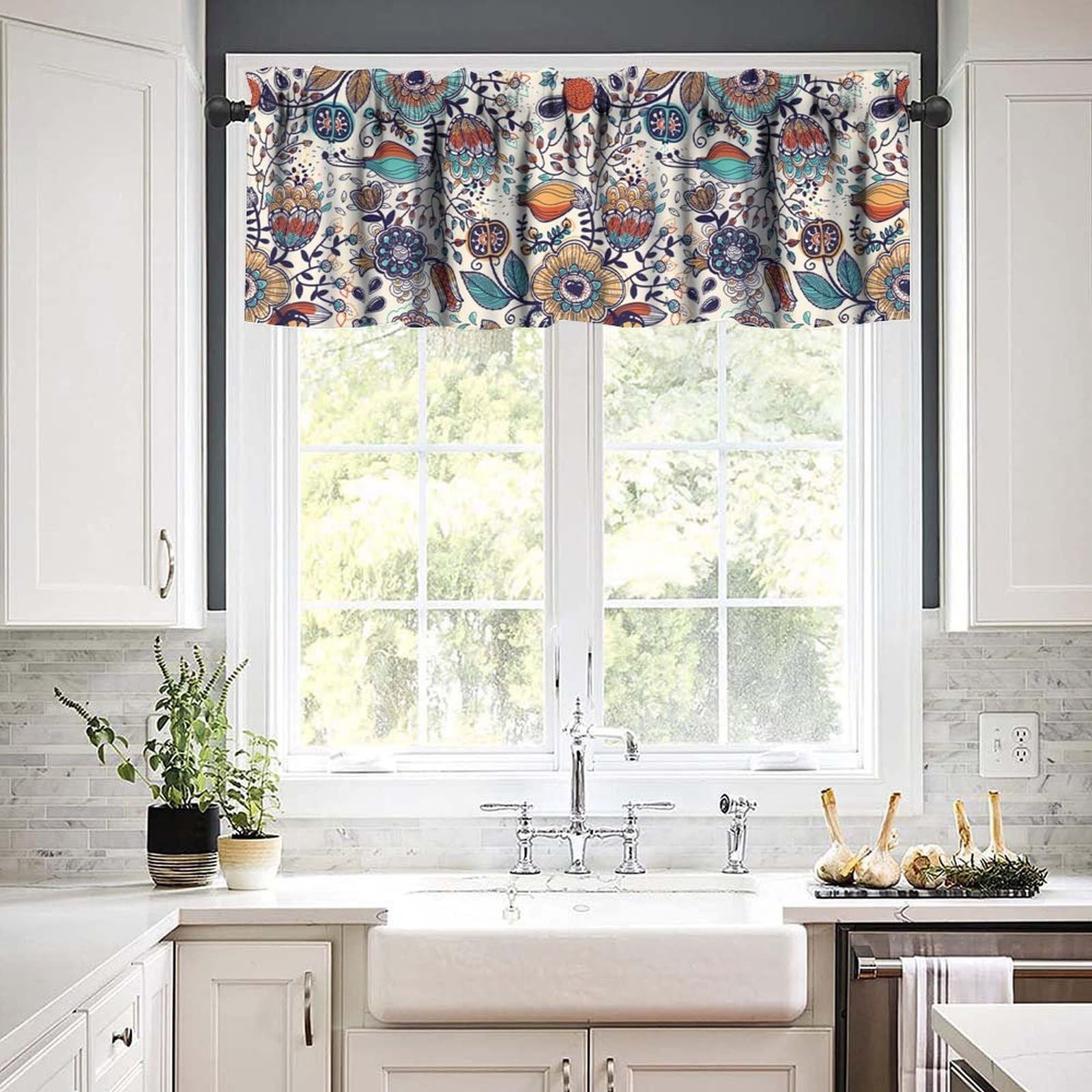Abstract Floral Boho Valance Kitchen Curtain Minimalist Flowers Art Printed V…