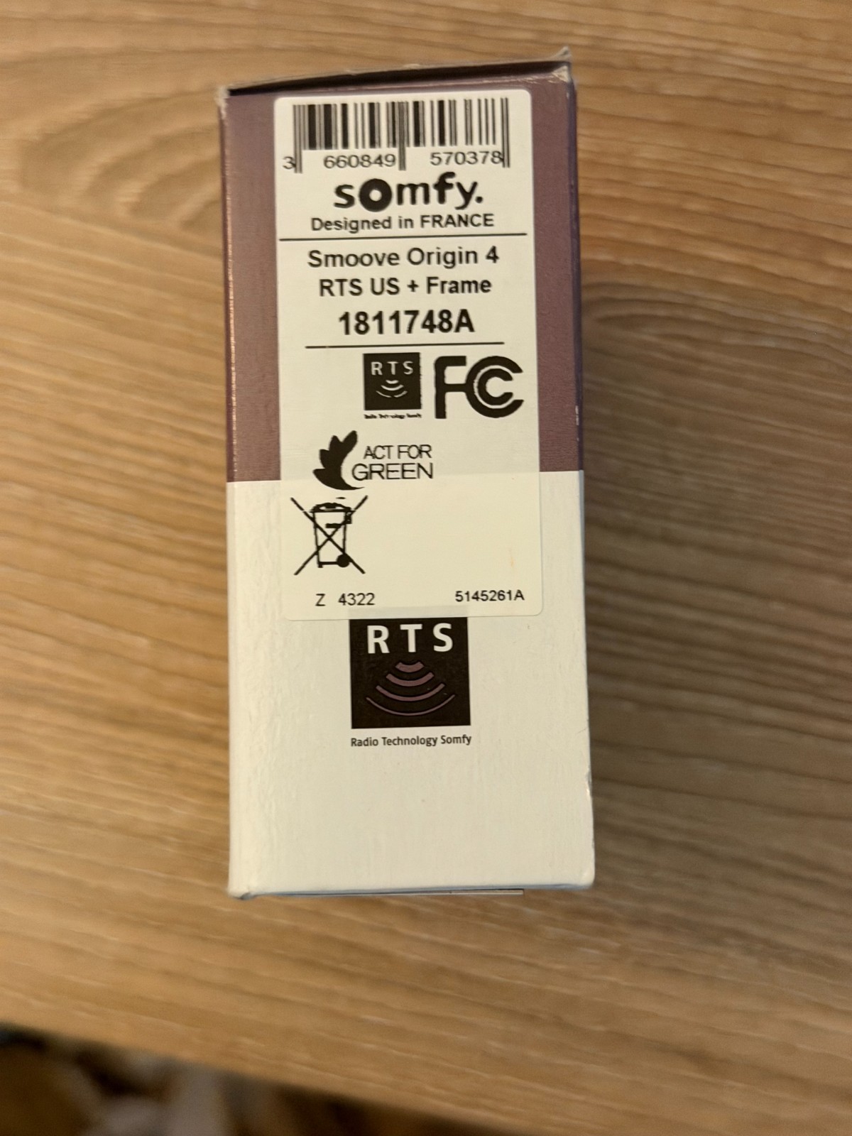 Somfy Smoove Origin 4 RTS Wireless Wall Control + Frame 1811748 NEW Open Box