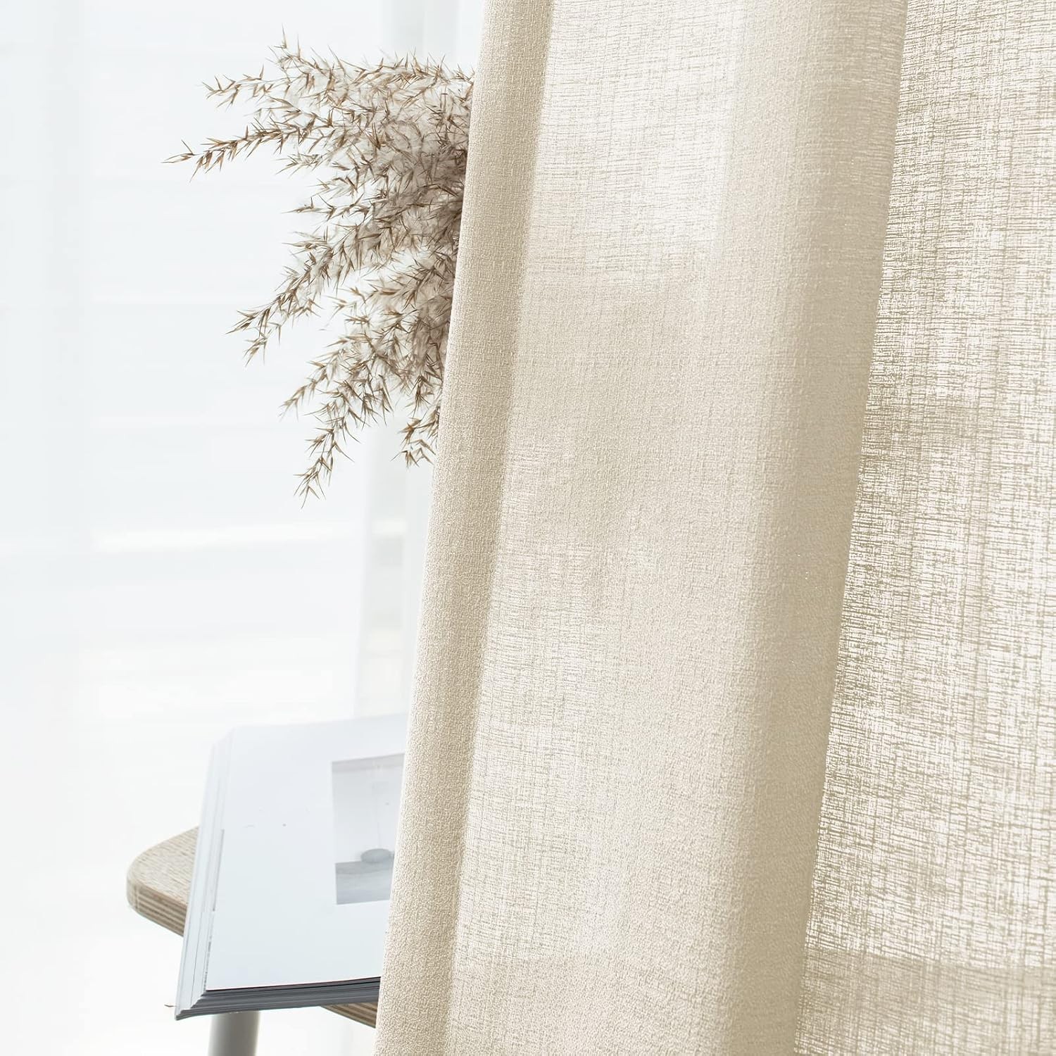 Beige Linen Semi Sheer Curtains 96 Inches Long for Living Room Bedroom Flax Line