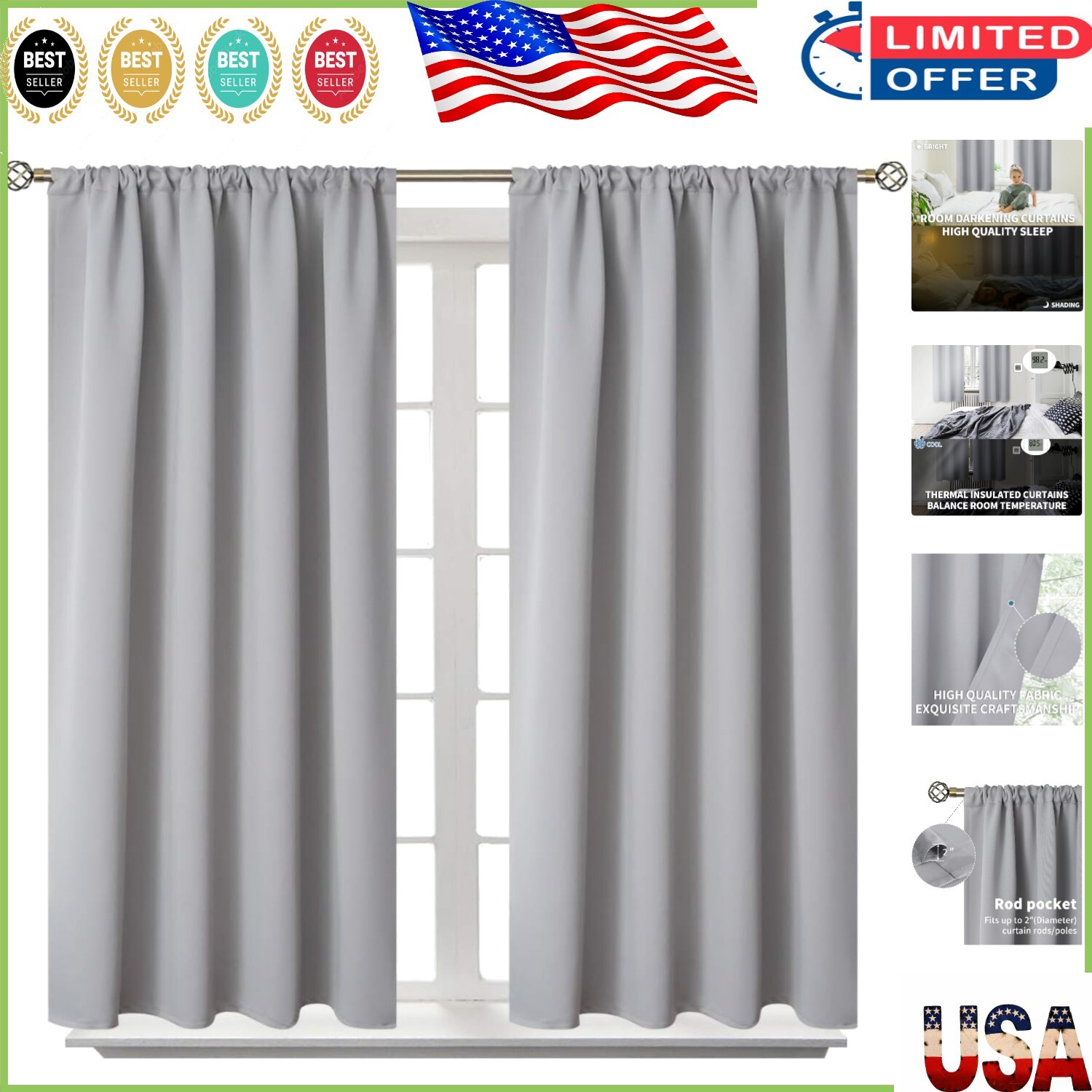 Elegant Thermal Insulated Light Grey Room Darkening Curtains 42×48 for Privacy