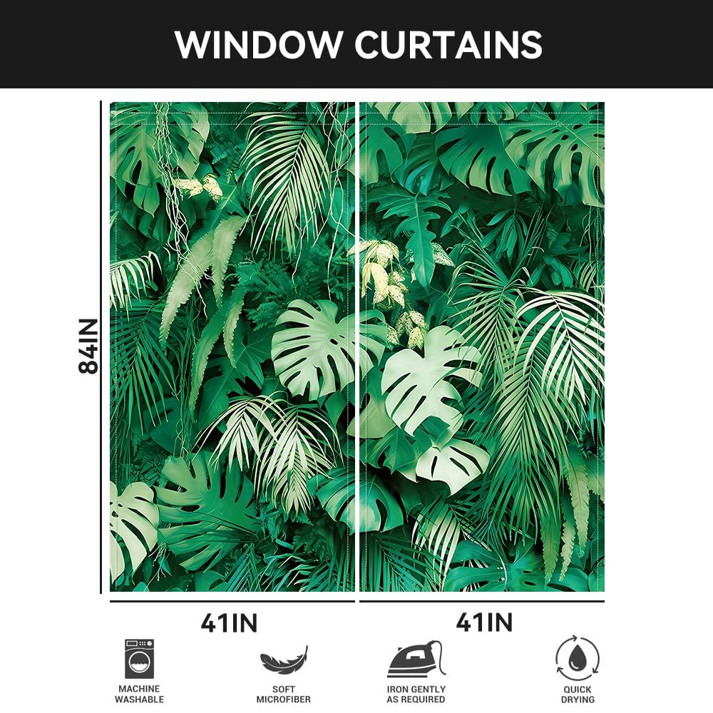 Tropical Palm Leaf Green Summer Window Curtains 82×84 Inches 2-Pack Garden