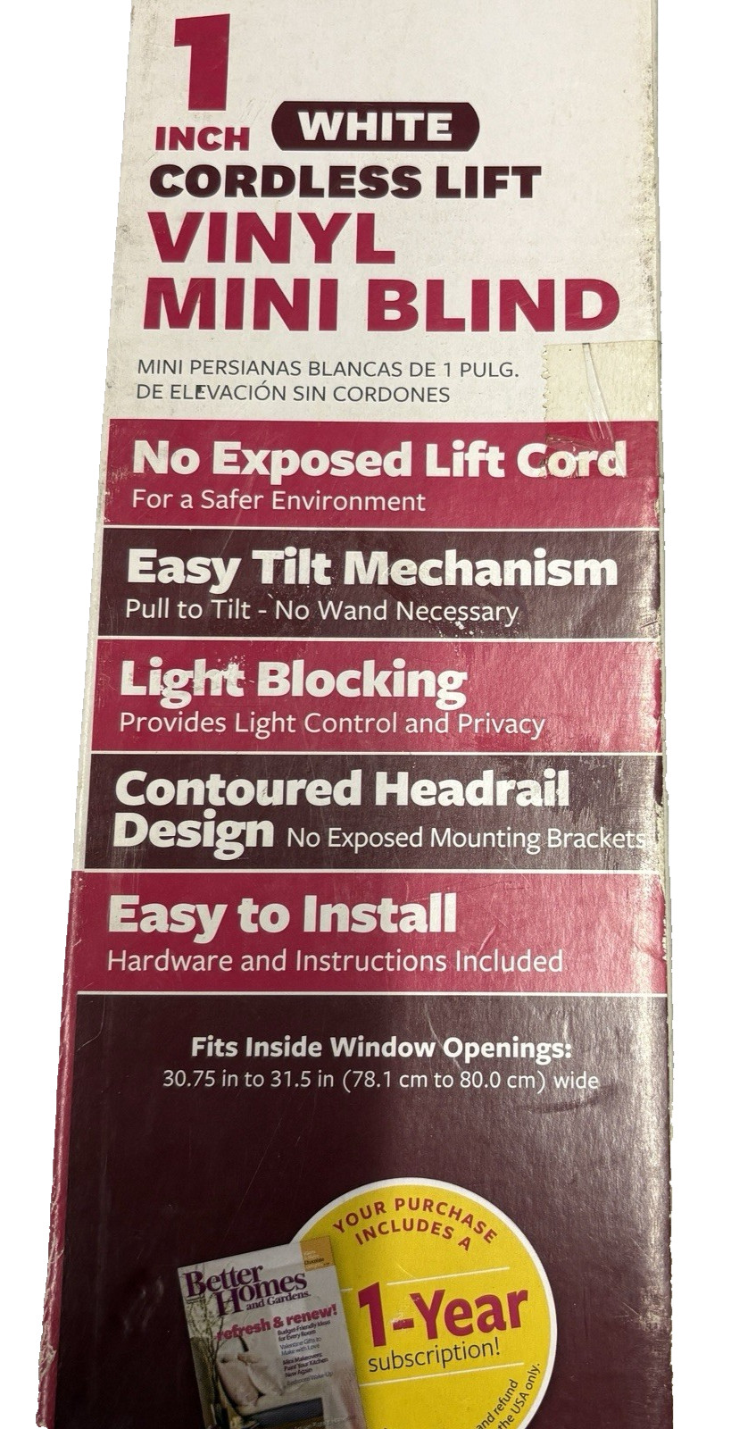 Cordless- 1″-Vinyl-Light Filtering Blinds-White 31″X64″-No Exposed Lift Cord-NIB