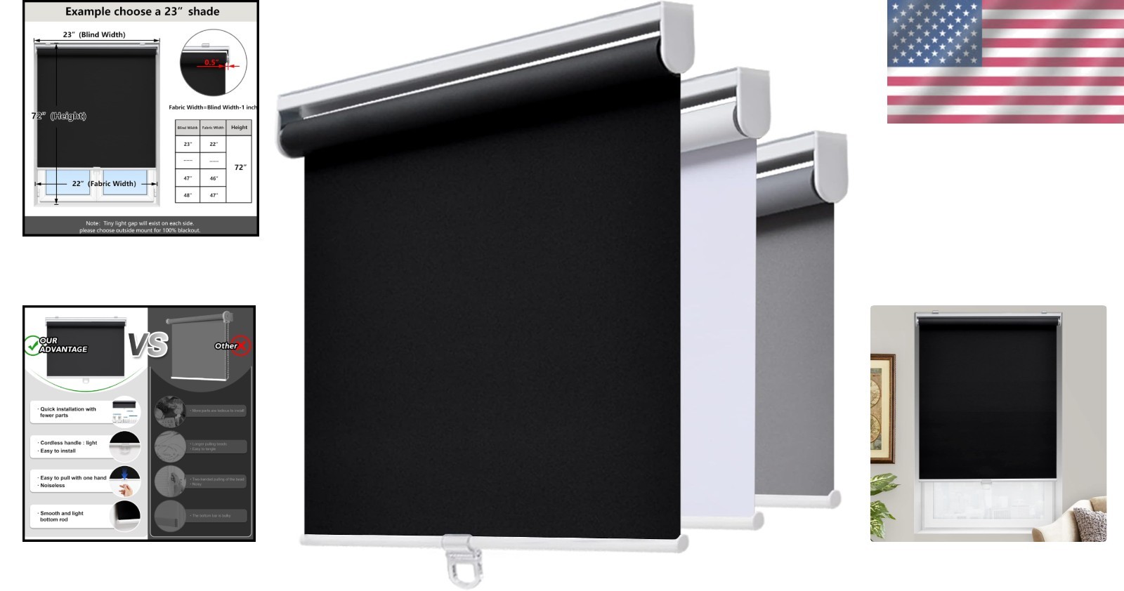 Elegant Black Cordless Roller Shades 23″ W x 72″ H – Total Blackout with UV P…