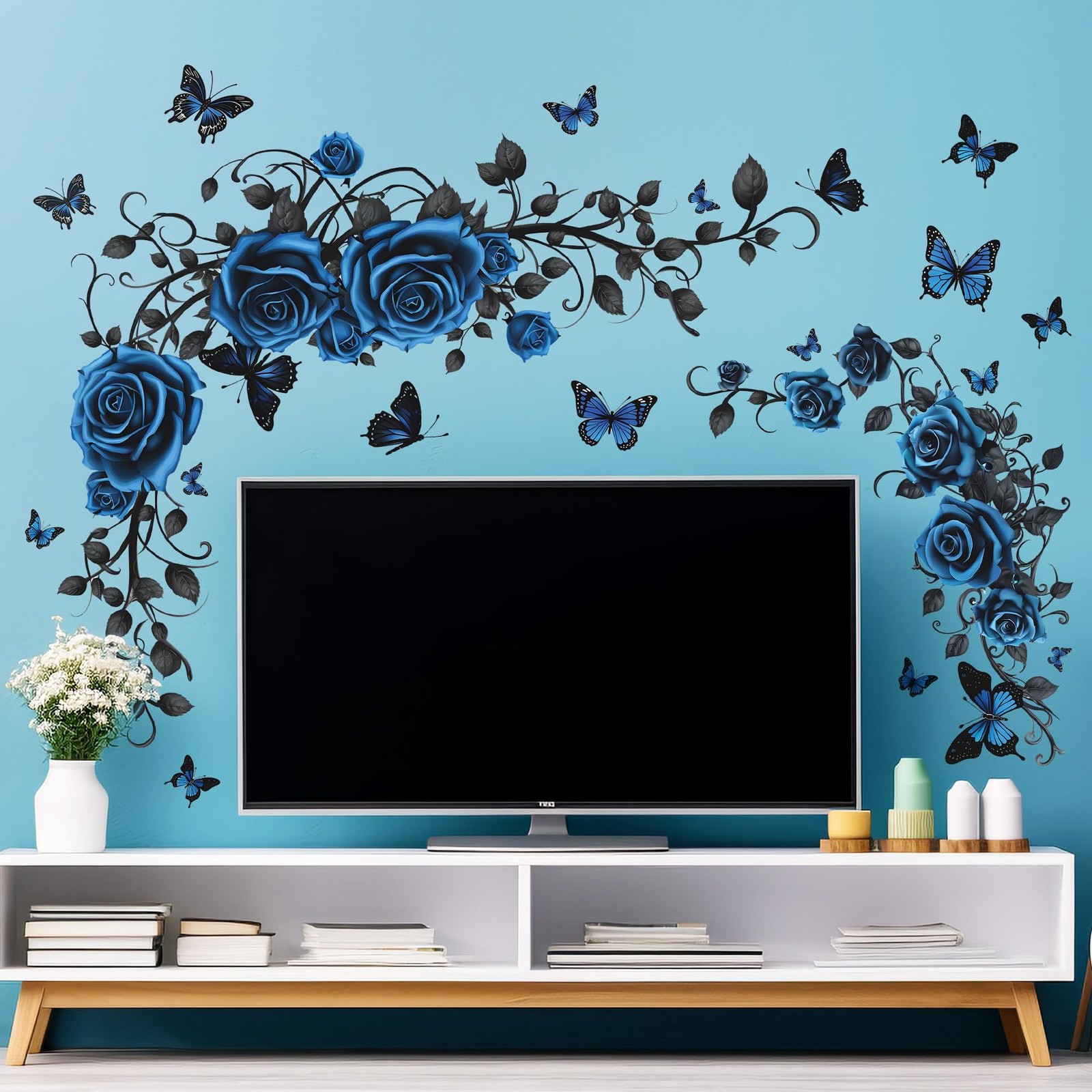 Removable Blue Floral Rose Wall Decor 3D Peel and Stick Flower Vine