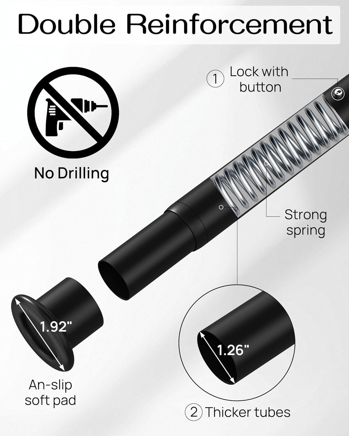 Heavy Duty Adjustable Tension Curtain Rods, 42-123 Inches, No Drill, Black
