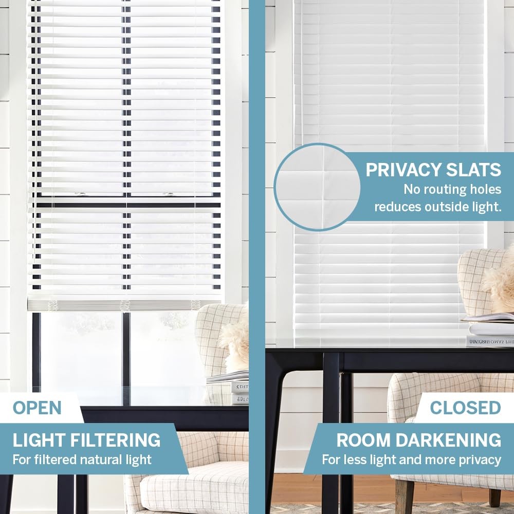 Basics 2” Faux Wood Horizontal Blinds for Indoor Windows, 34” W x 72” H, Cord…