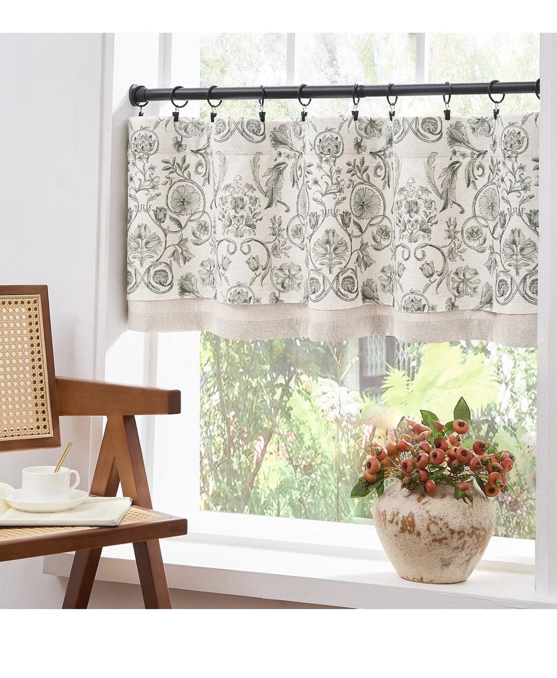 2 Jinchan Linen Valances Double Layer 16 in. Rod Pocket 2 Panels Green on Beige