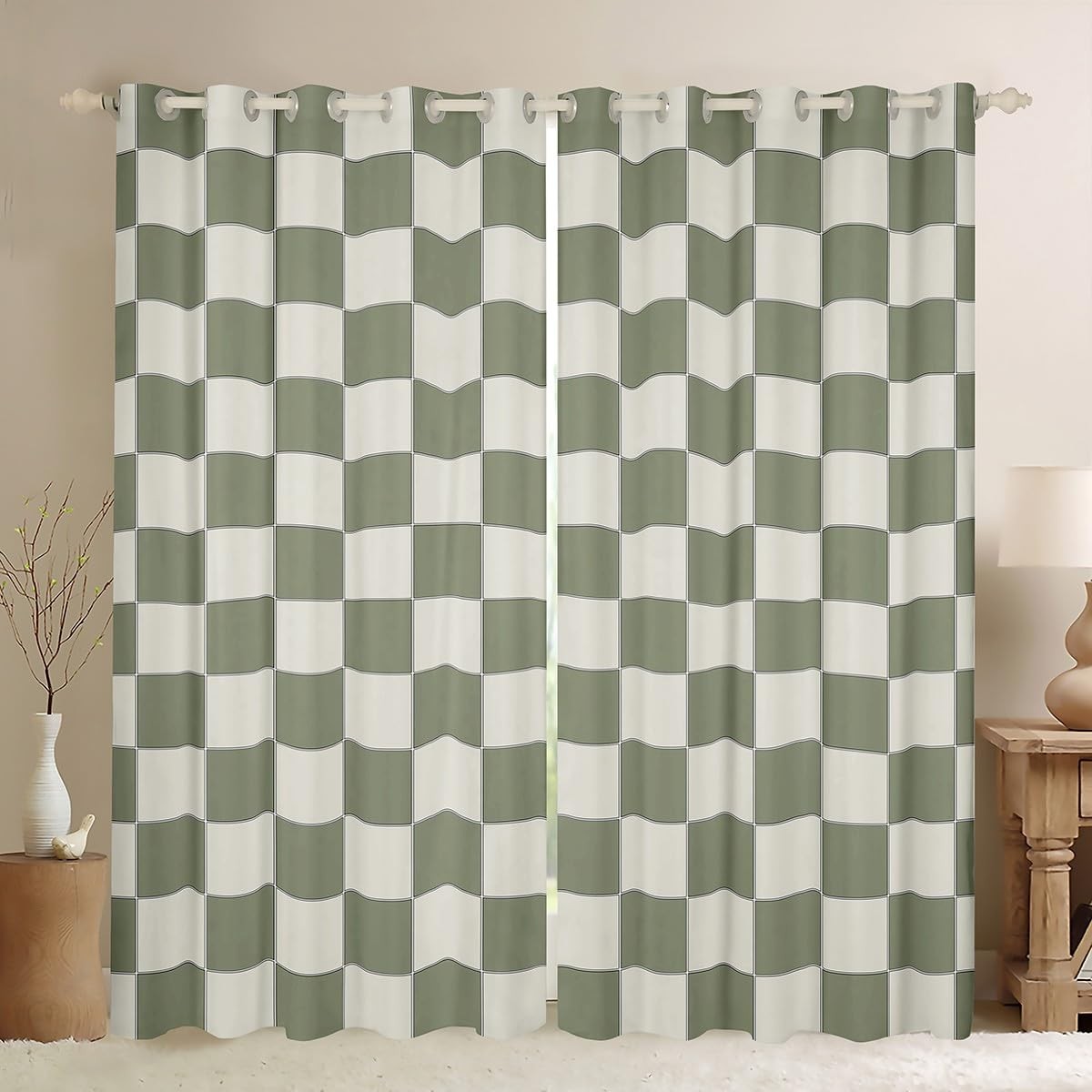 Plaid Curtains & Drapes 38″ Wx54 L Beige Sage Green Checkerboard Window Curta…