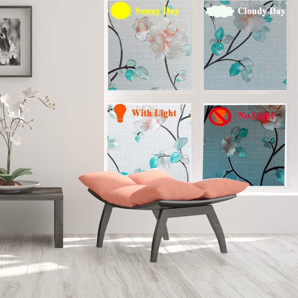 Decorative Window Film Flower, Static Cling Glass Door Privacy Film Non-Adhes…