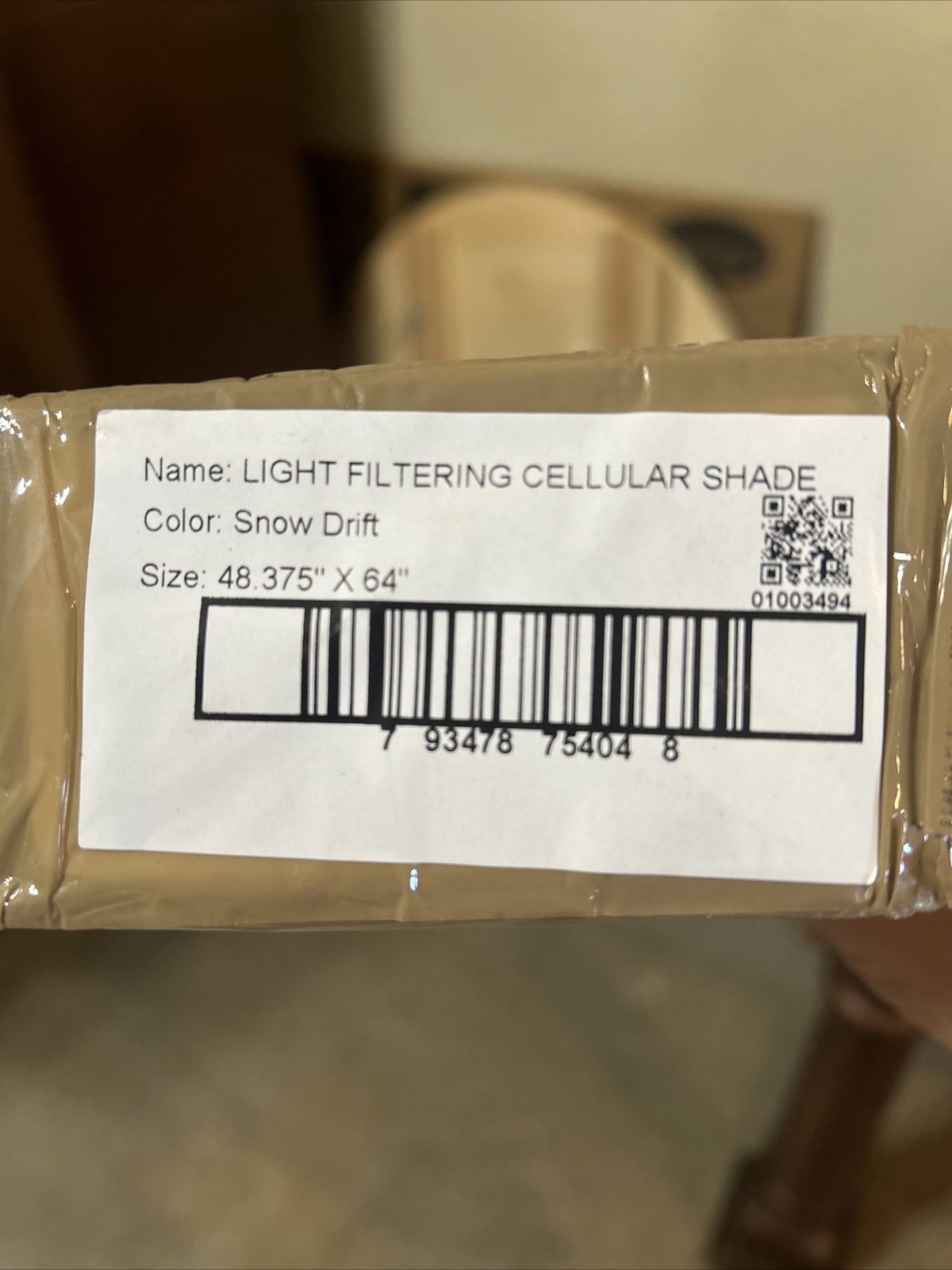Home Decorators Snow Drift Light Filtering Cordless Cellular Shade. 48.375 X 64”