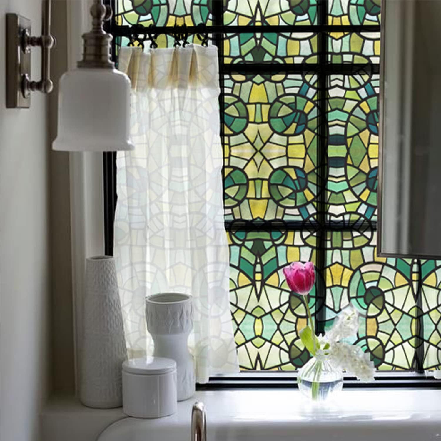 Hand-Drawn Faux Stained Glass Window Film, Green Mosaic 29.5″x118