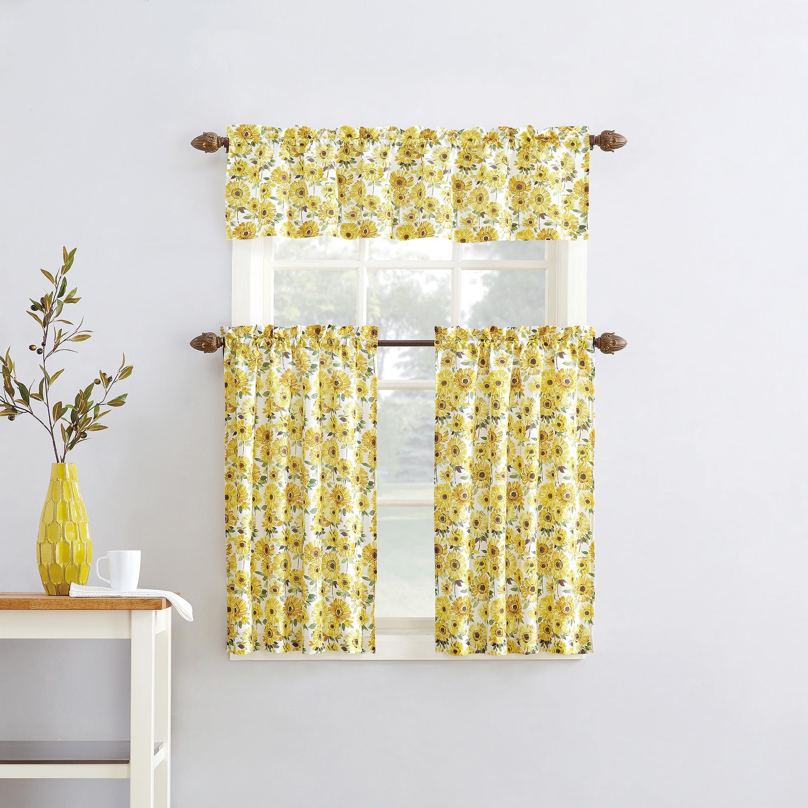 Sunbeam Sunflower Print Half Scarf Curtain Set for Kitchen, 137.2 x 61 cm, 3…