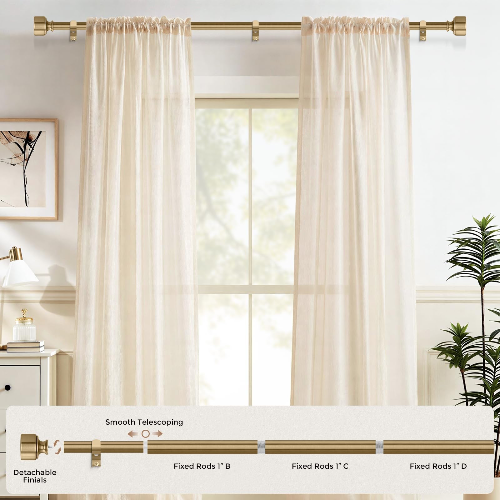 2 Pack Warm Gold Curtain Rods for Windows 48 to 84 Inch, Heavy Duty Brass Cur…