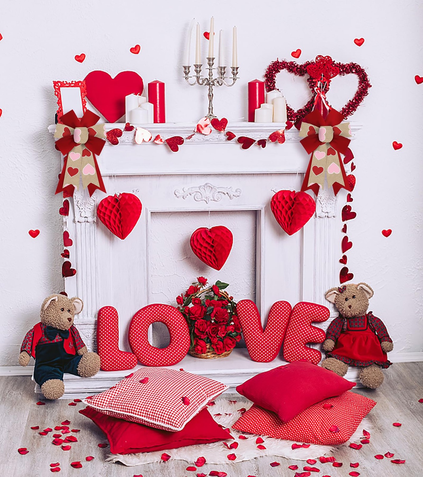 2 Pack Valentine’s Day Wreath Bows – Brown Red Pink Love Hearts Burlap Bows f…