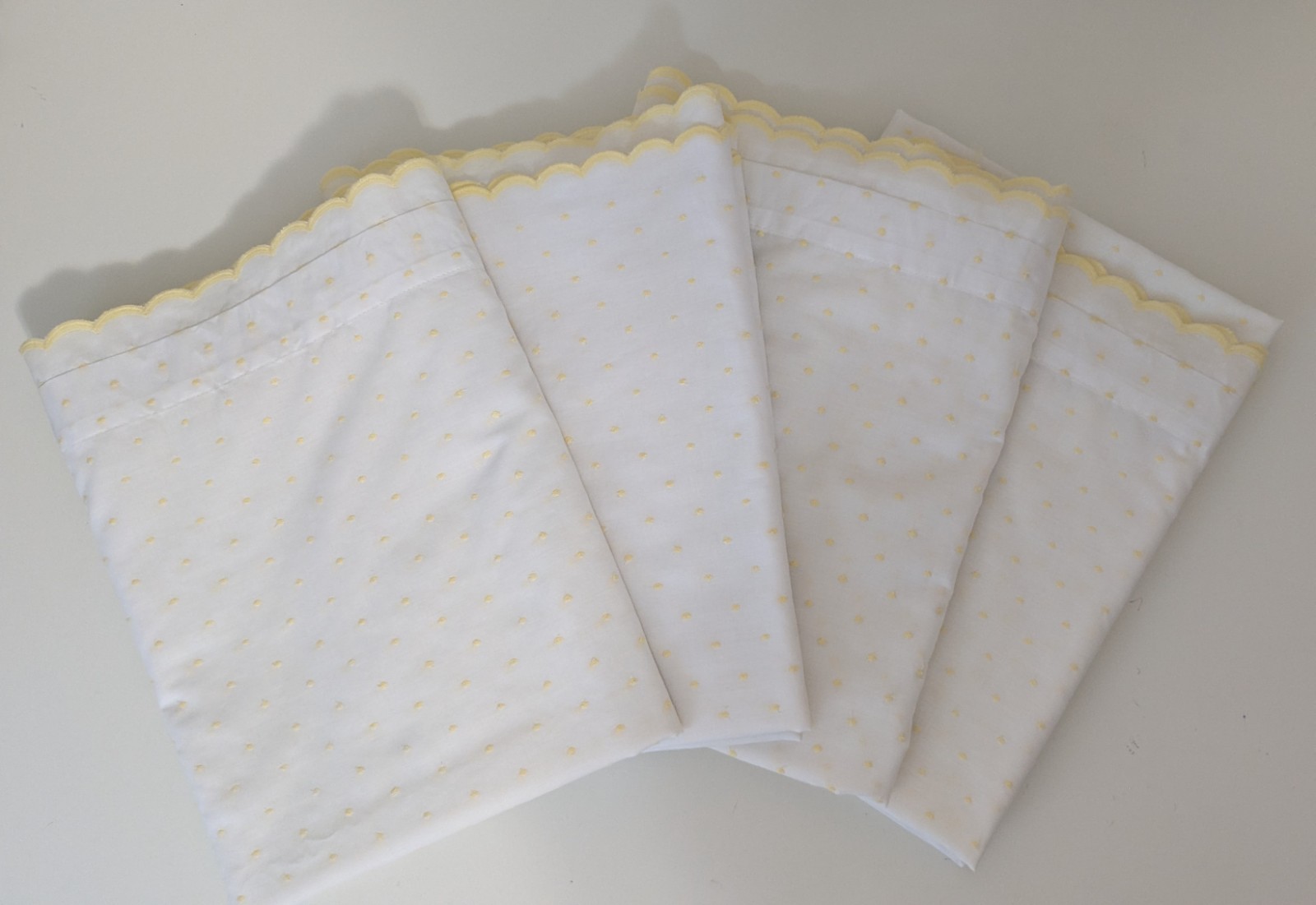Set of 4 Handmade Swiss Dot Curtain Panels White&Yellow 51″ LONG X 73″ WIDE