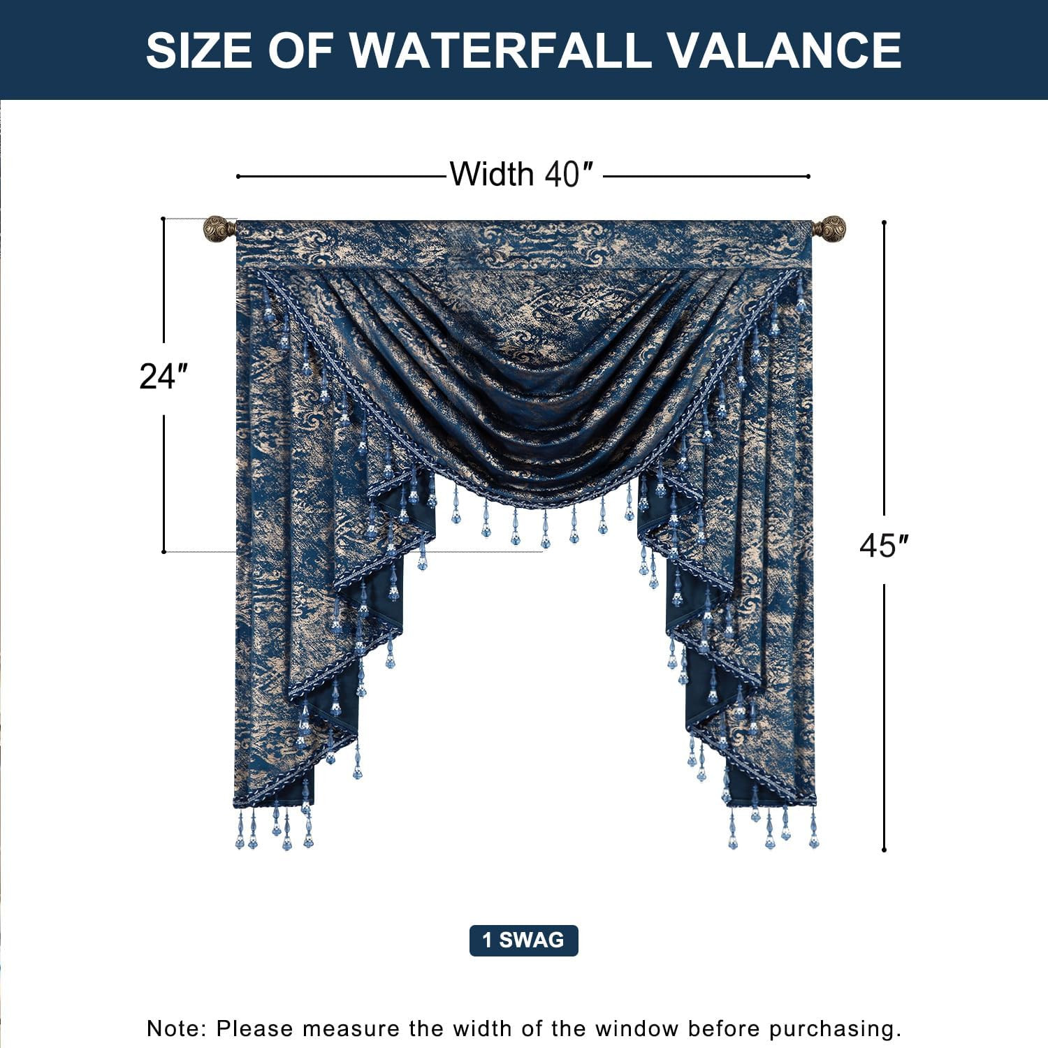 Navy Gold Marble Velvet Valance, Modern Luxury Light Filtering Swag Curtains, 40