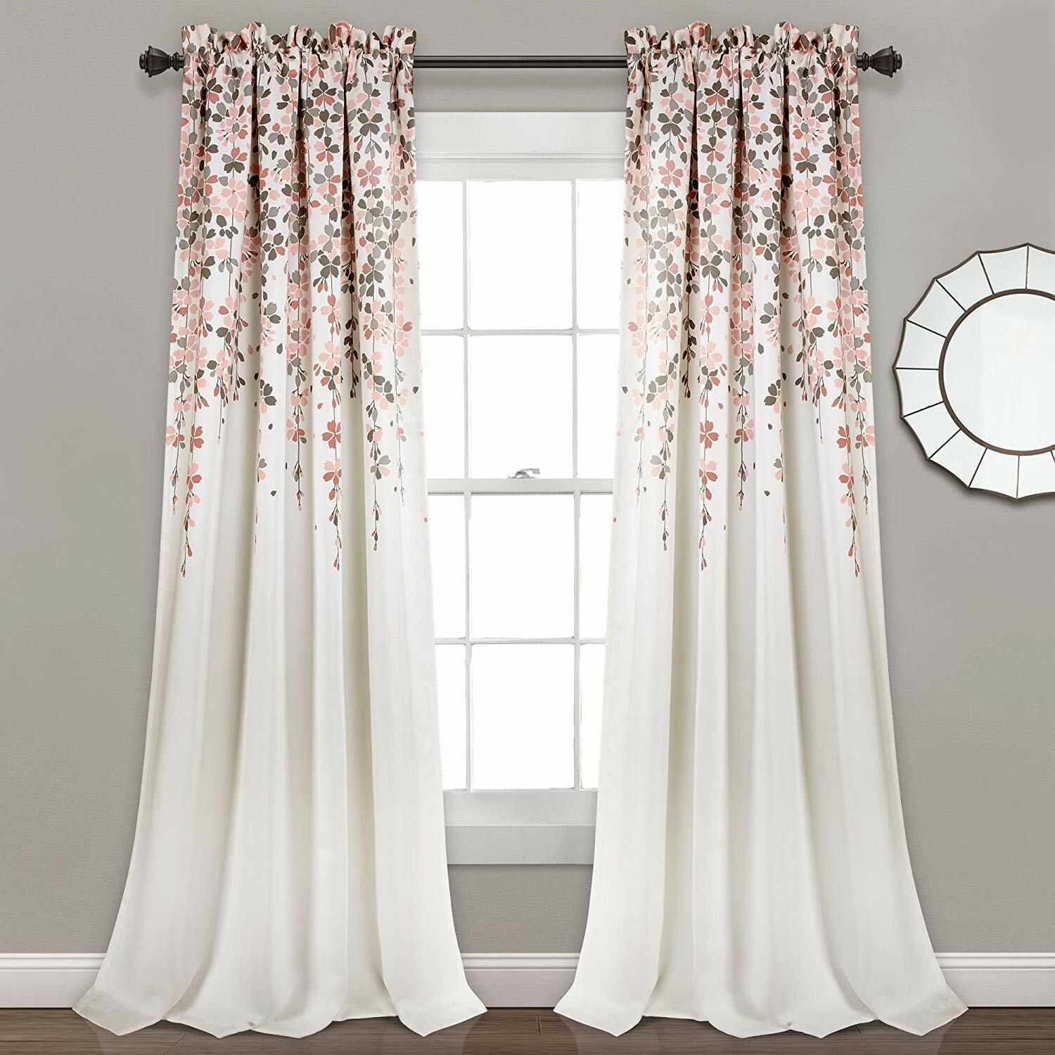 Set 2 Blush Pink Gray White Floral Vines Curtains Panels Drapes 84 in Darkening