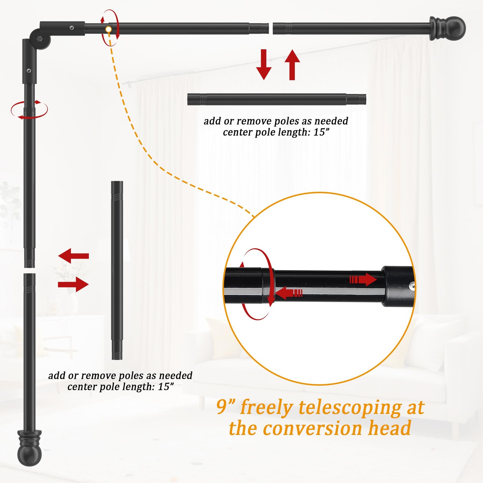 Black Corner Window Curtain Rods L Shape Curved 30 To 136 Inch Adjustable