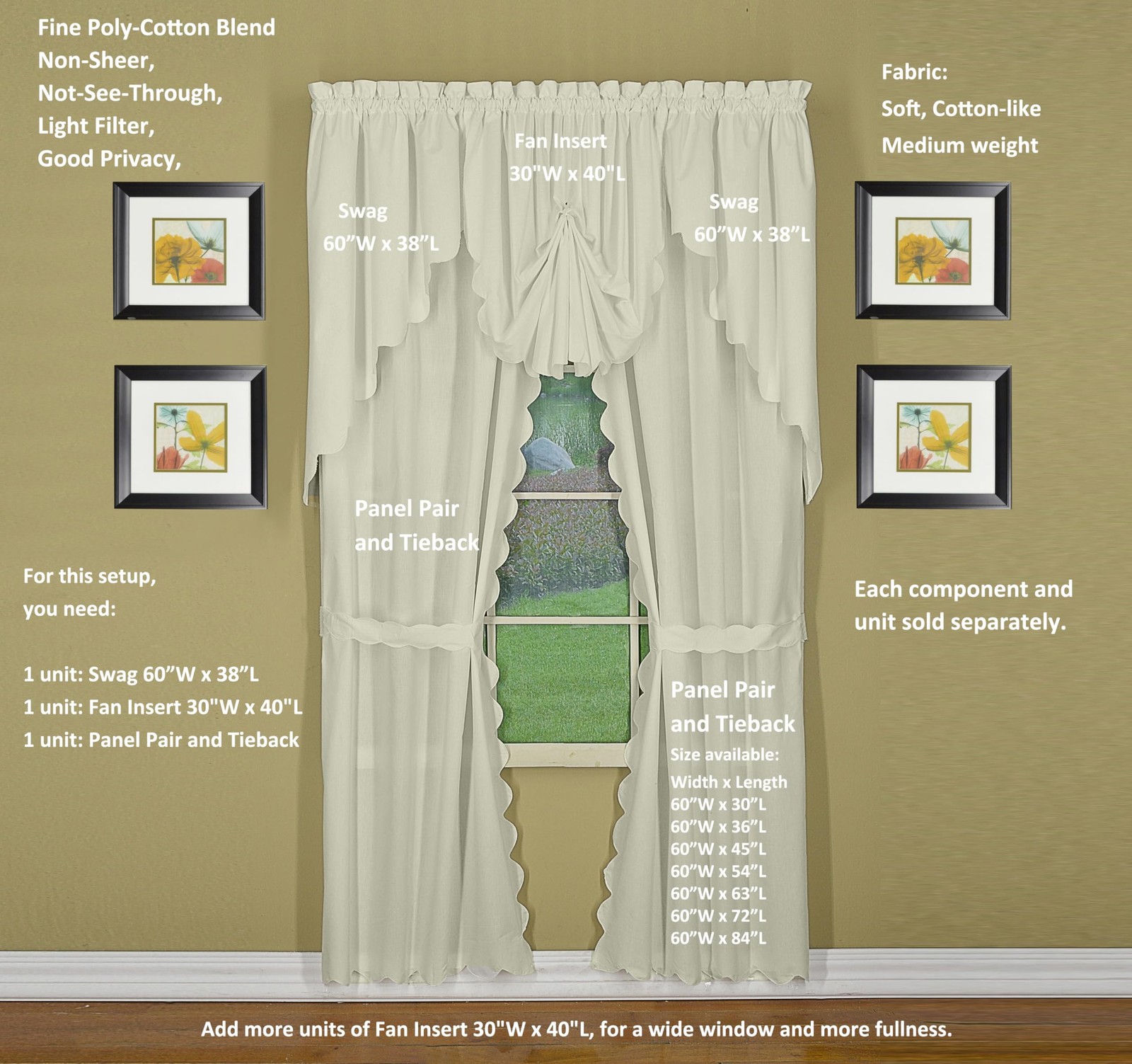 Today’s Curtain, Orleans Scallop Curtain, Ecru 63″ Panel Pair and Tieback,4Pi…