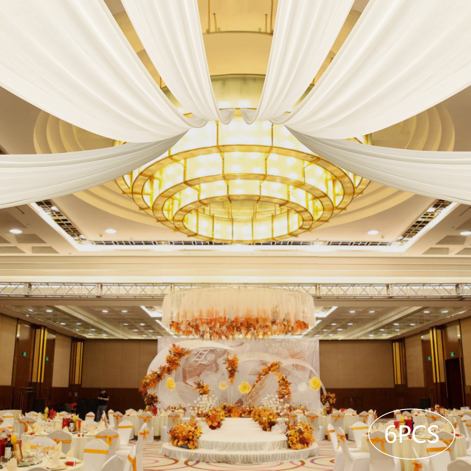 6pcs Beige Ceiling Drapes Professional Sheer Ceiling Curtain Party Decor 5×20 ft