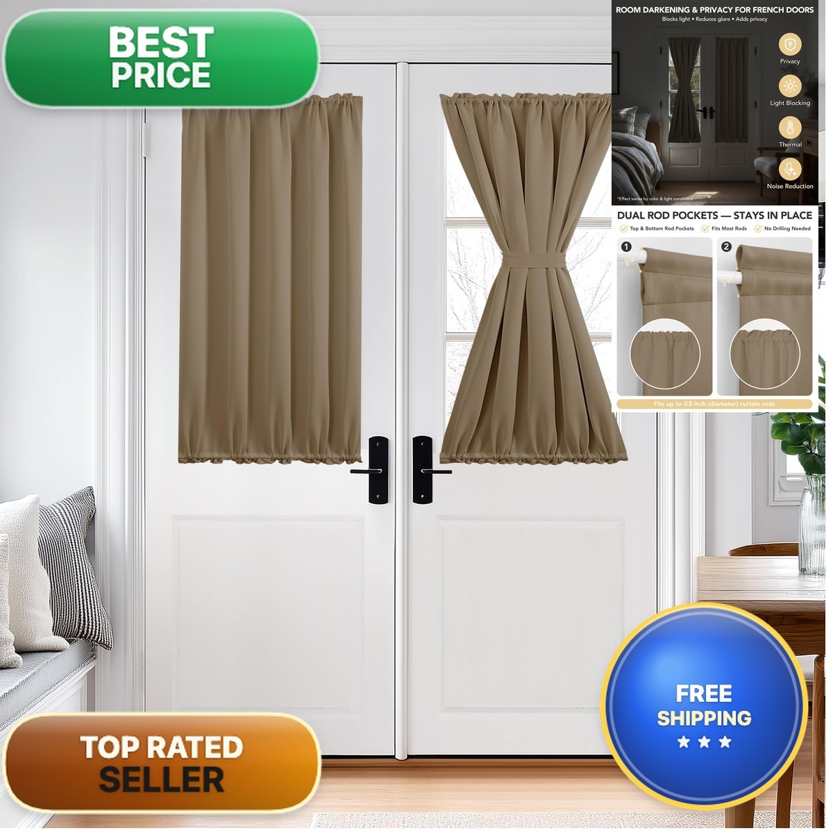 Deconovo Blackout Door Curtain Glass Doors Sidelights 36W x 40L Khaki 1 Panel