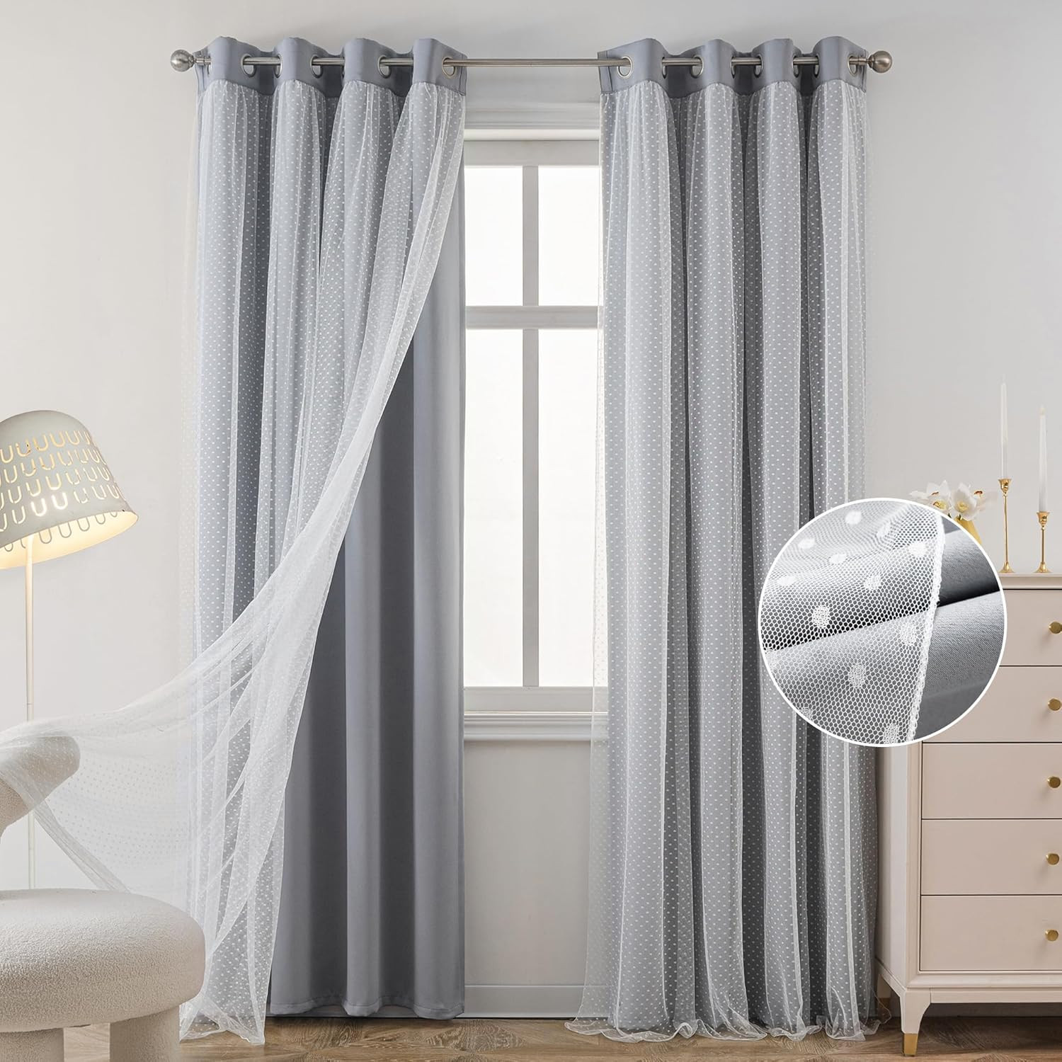 Grey Double Layer Blackout & Pink Pom Pom Sheer Curtains Set
