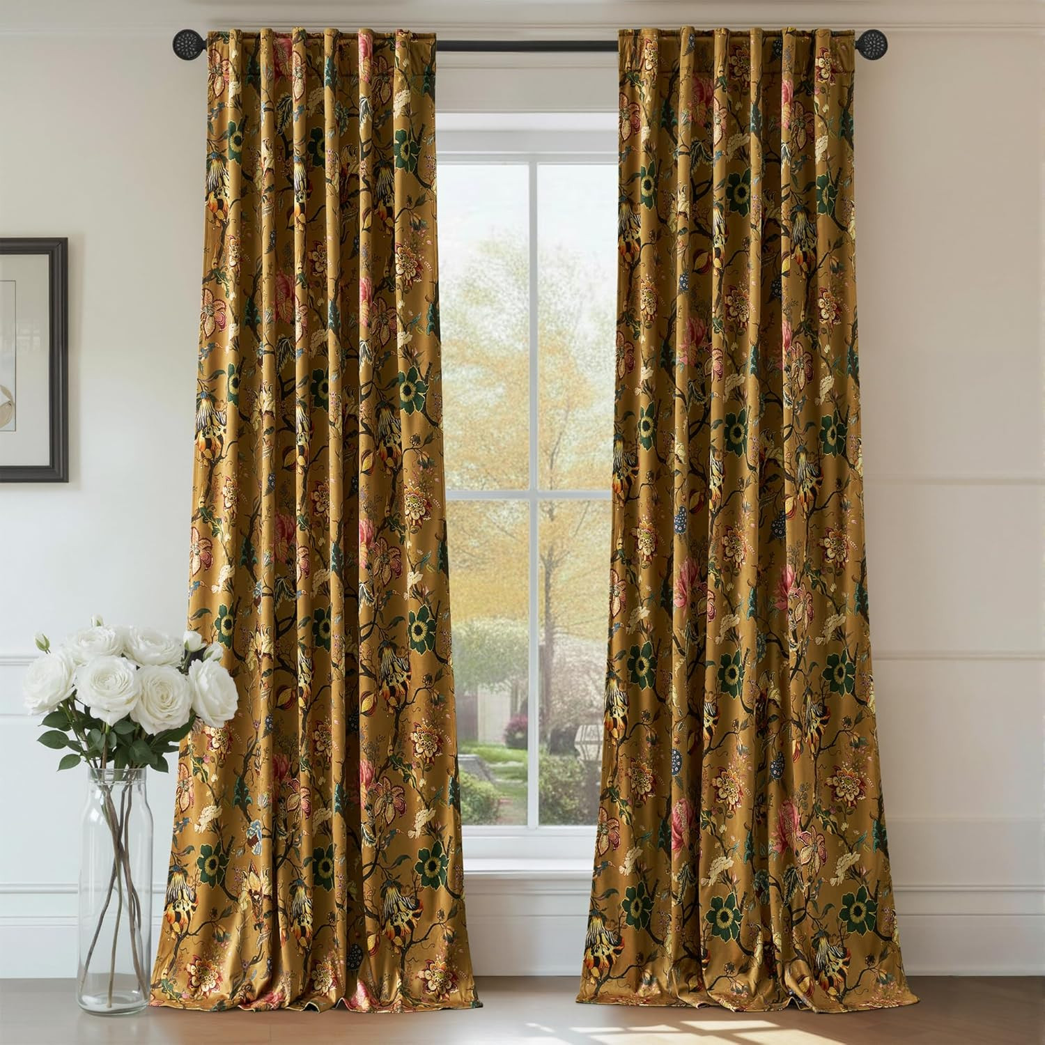 Mustard Yellow Velvet Curtains 108 Inches Long, Floral Vintage Design