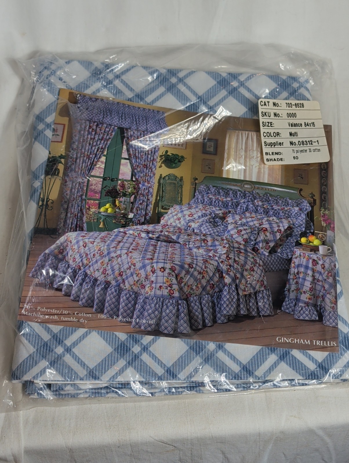 Vintage Gingham Trellis Blue Floral Plaid Window Valance 84×15 Cottagecore NEW
