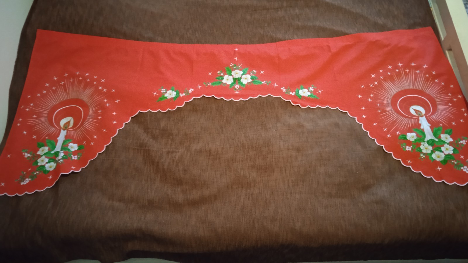 Vintage Christmas Red Cotton Valance with Candle & Flower Pattern Made in Brazil