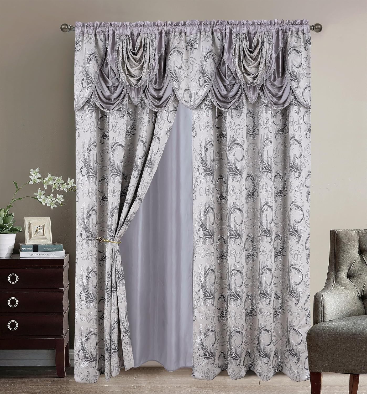 Stylish 2 Panel Curtain Set with Valance – Silver Gray