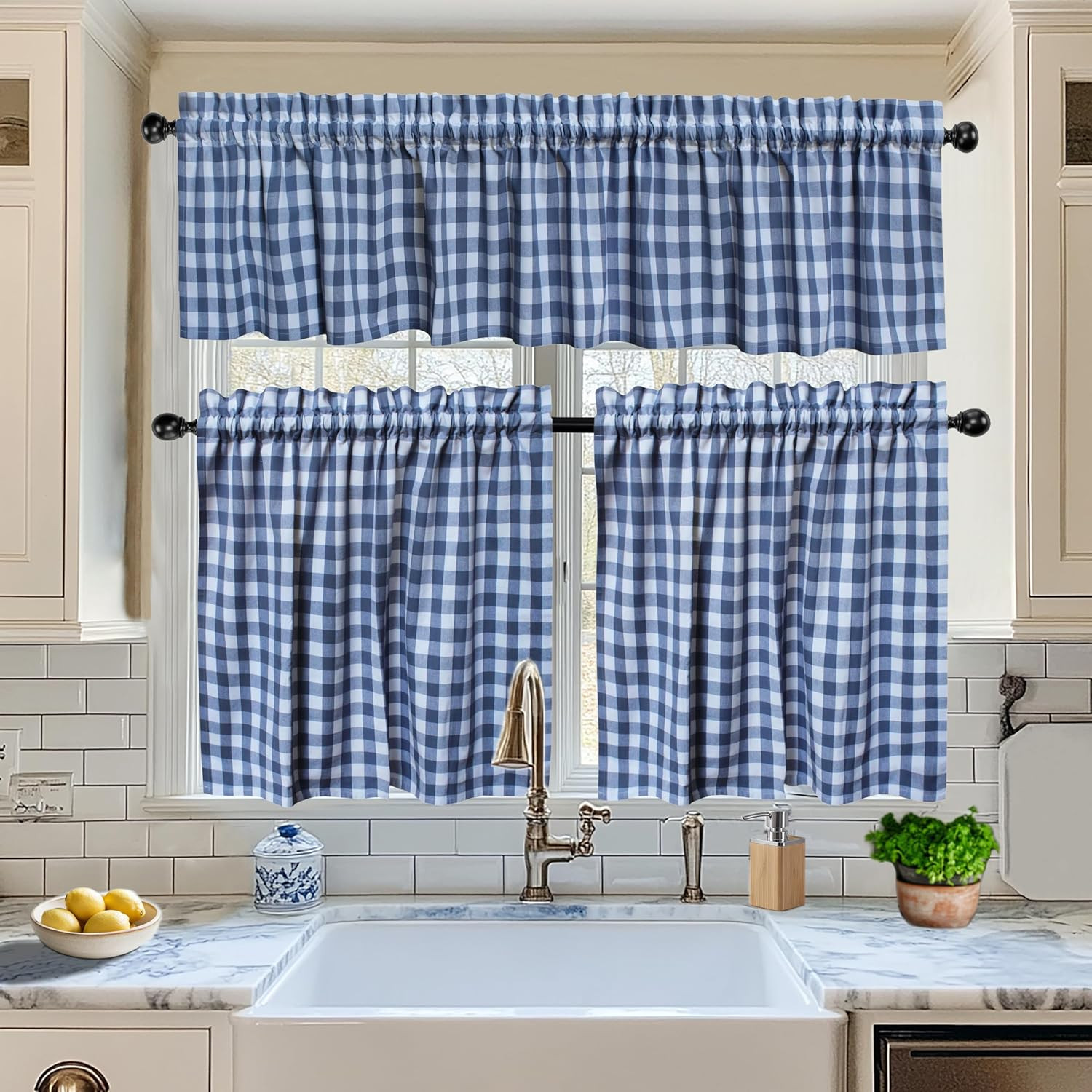 Café Curtains – Tier Window Treatment Curtains – Blue and White Gingham Check 3