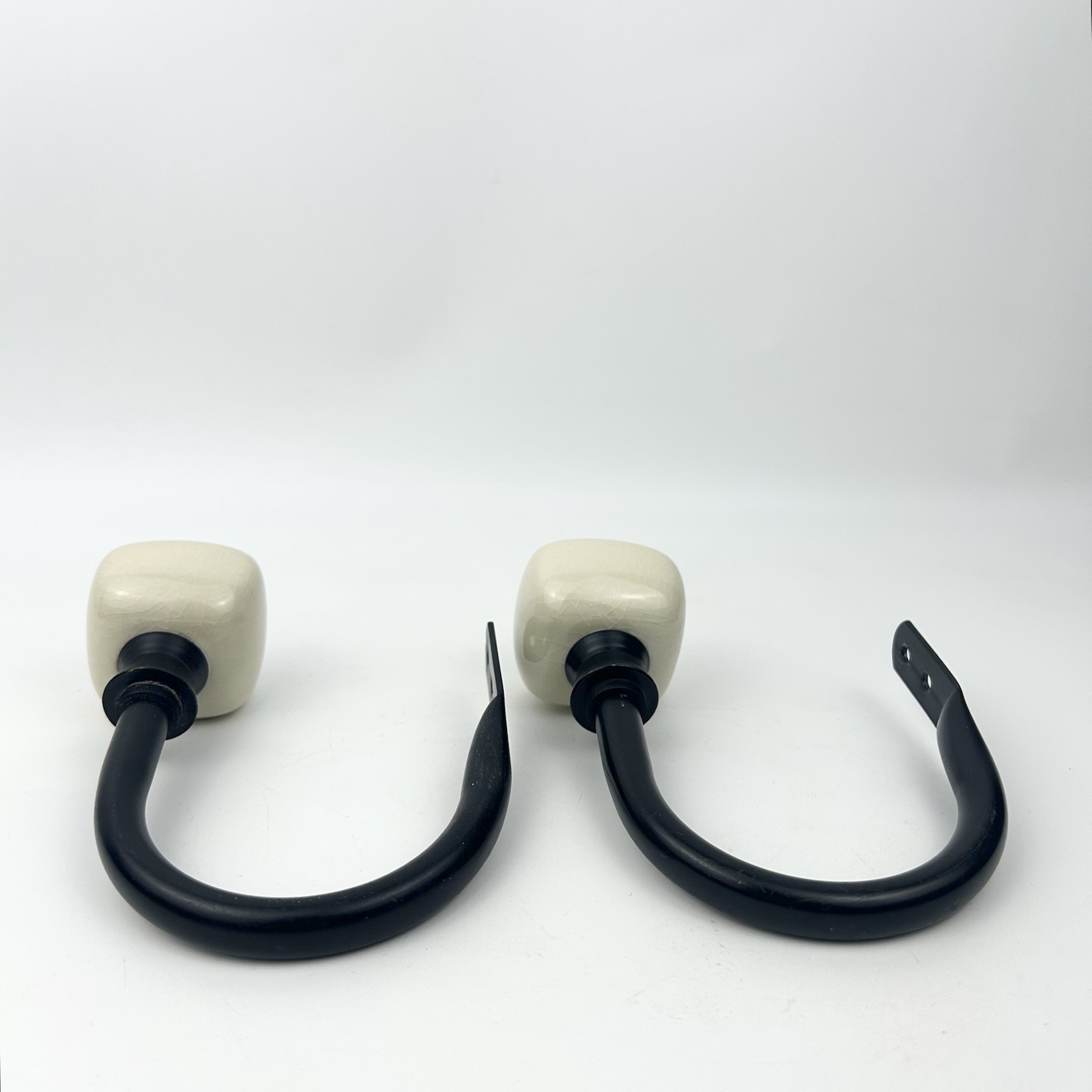 2 Black and Cream Ceramic Square Geometric Knob Curtain Holdbacks #2