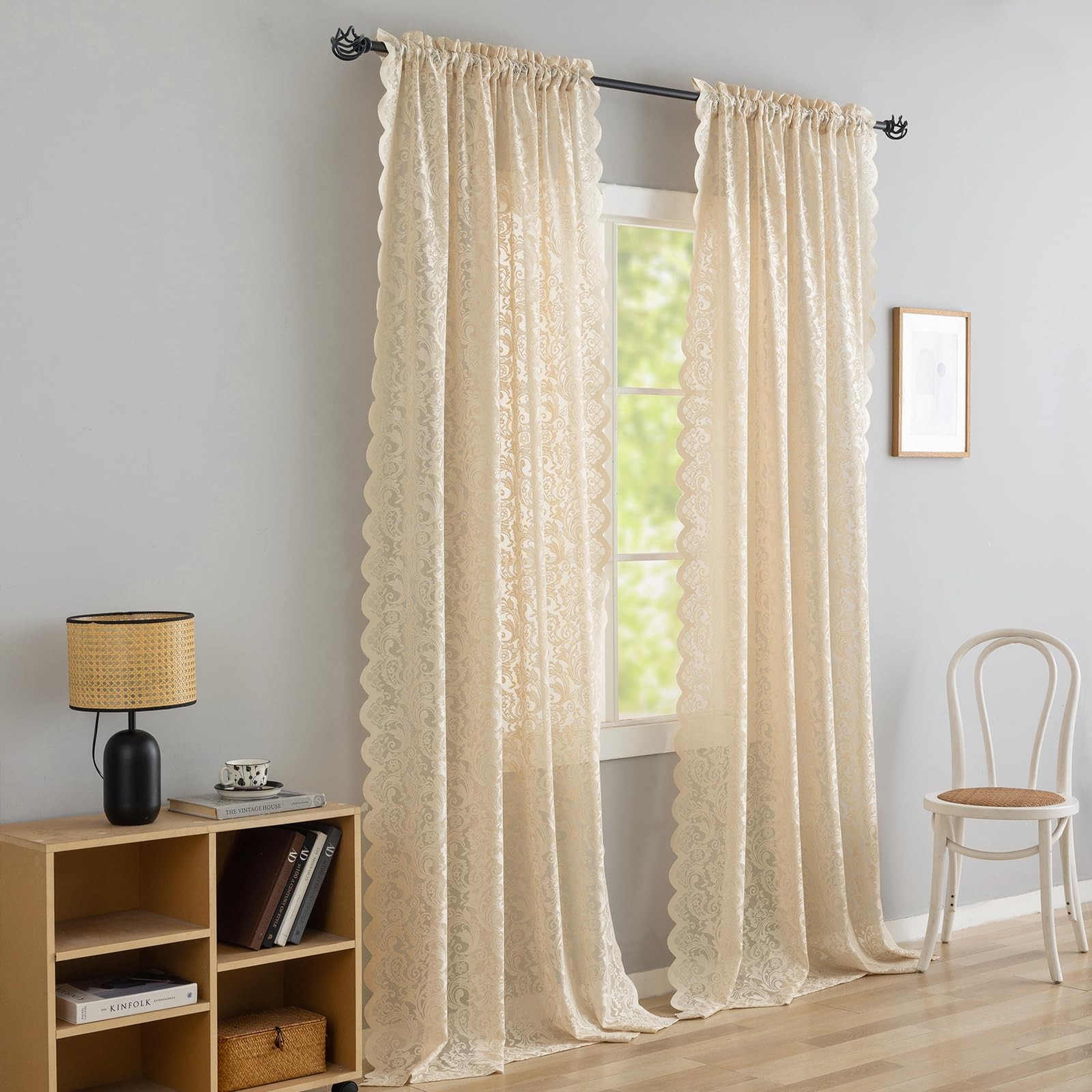 ALIGOGO Lace Beige Boho Curtains 96 Inches Long Set of 2 – Shabby Chic Semi S…
