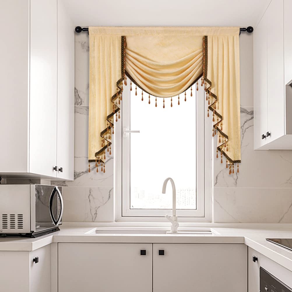 Elkca Jacquard Waterfall Valance Luxury Beads Beige Window Curtains Valance For