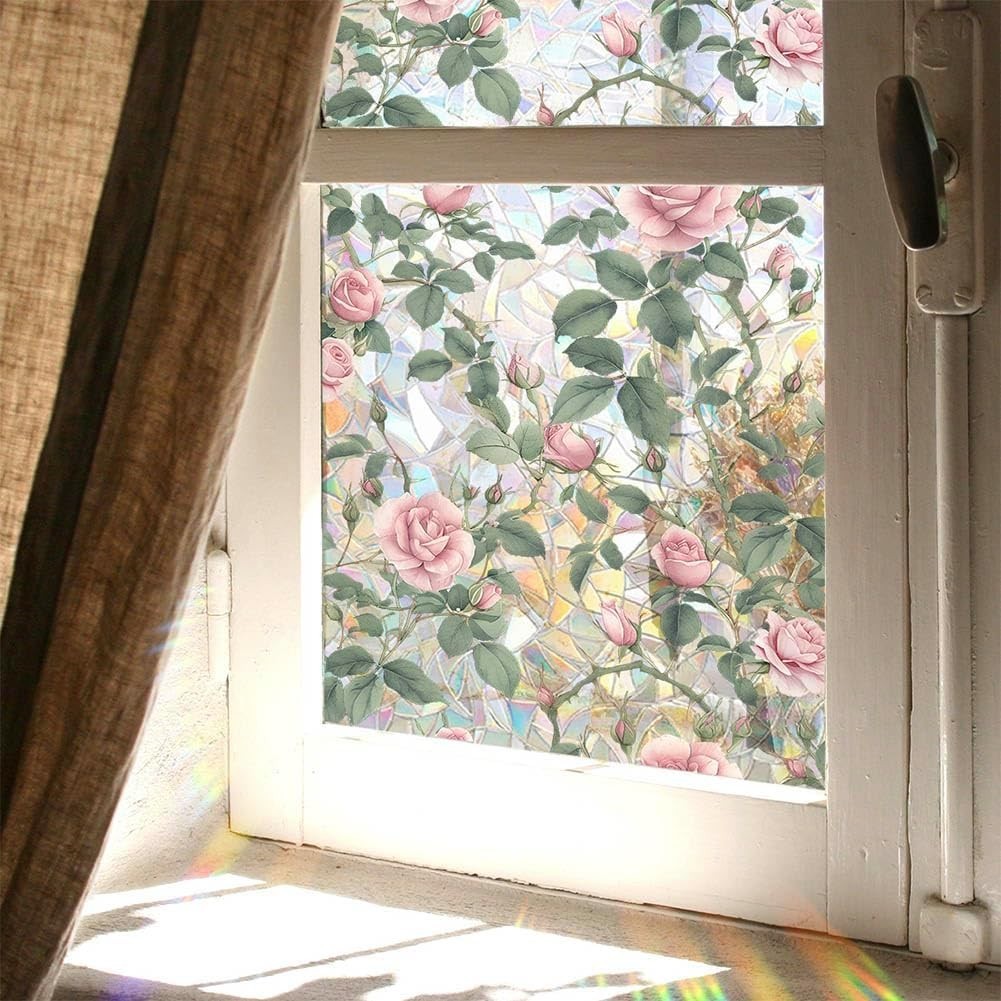 Retro Pink Rose Flowers Window Privacy Film,3D Stained Glass Rose Rainbow Win…
