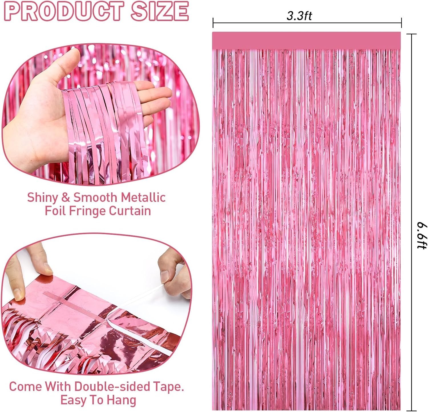 Pink Foil Fringe Curtain Backdrop, 2 Pack, 3.3ft x 6.6ft, Door Streamers