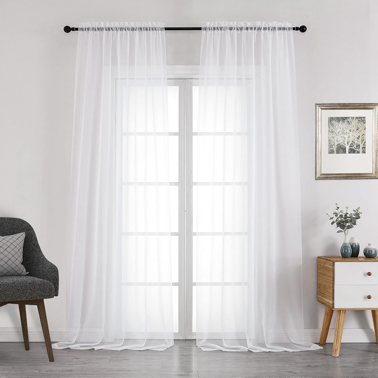 White Sheer Curtains 108 Inch Length 2 Panels Set, Extra Long Light Filtering So