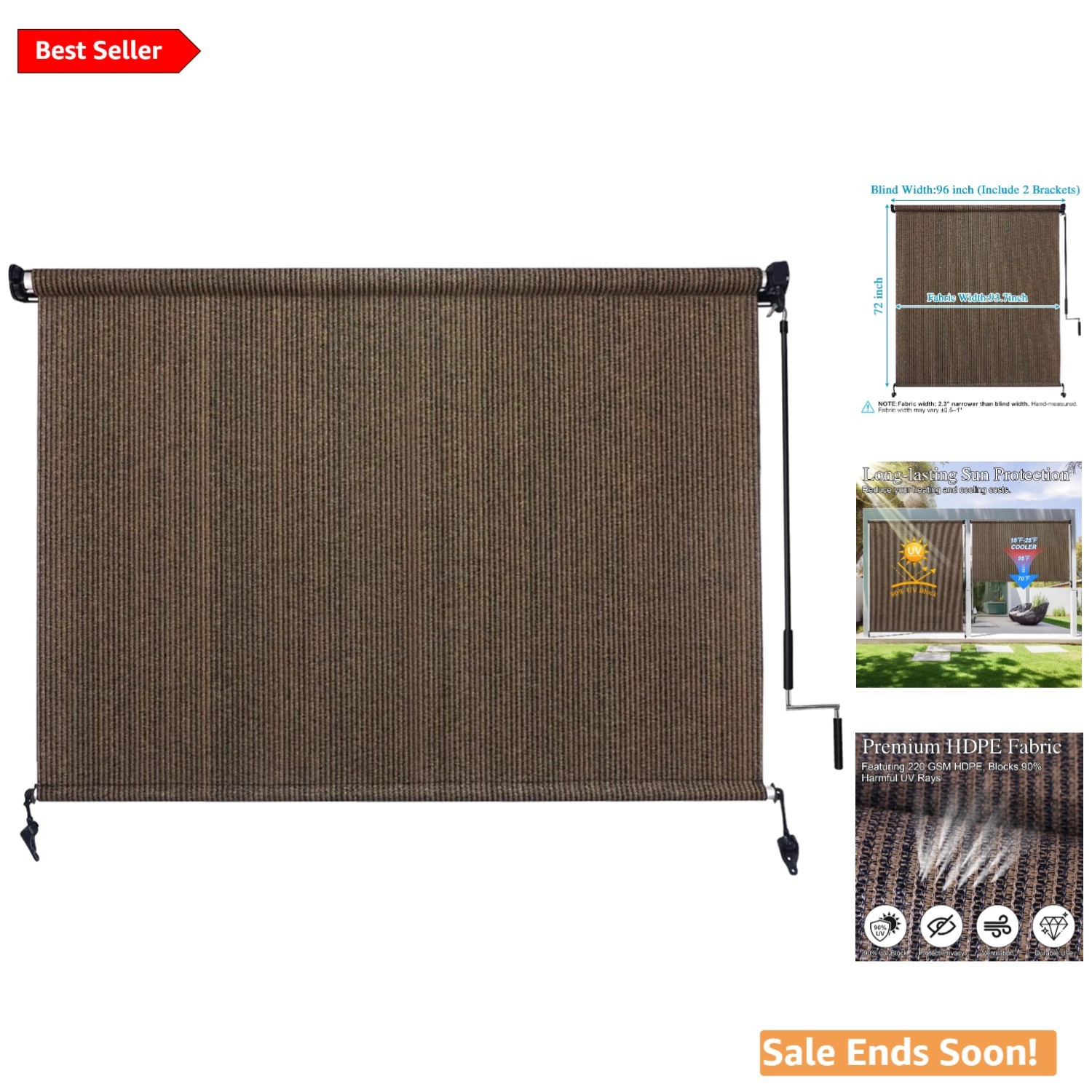 Versatile 8’W x 6’H Outdoor Patio Shades – Cordless UV-Blocking Blinds in Mocha