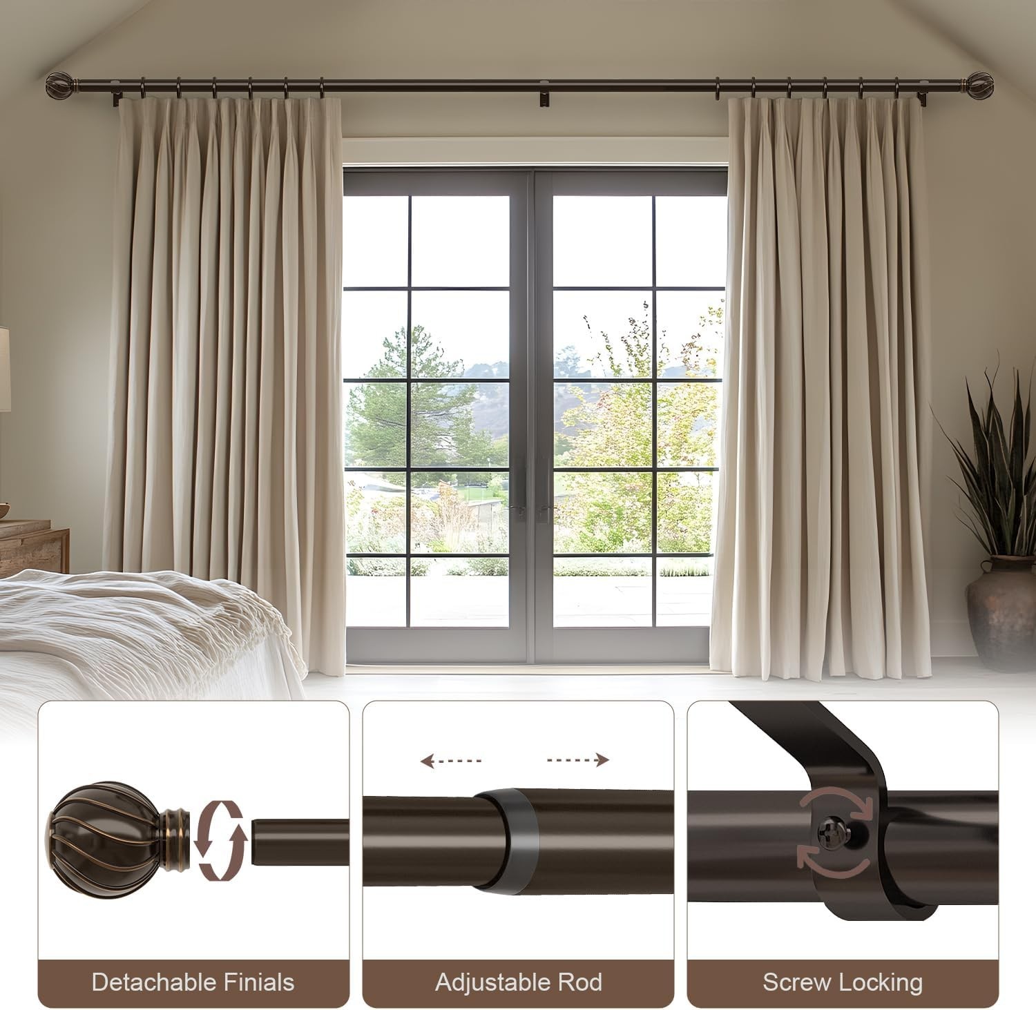 Versatile 2 Pack 18-60″ Brown Curtain Rod Set with Decorative Finials for Home