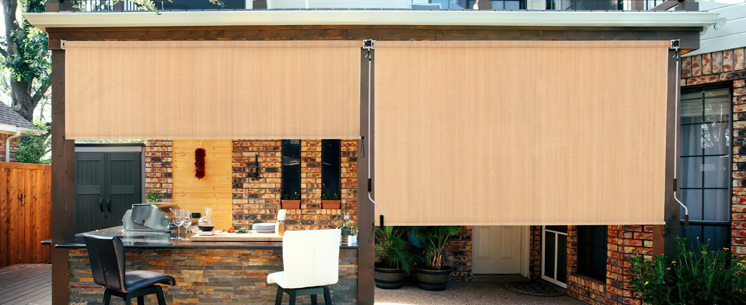 Outdoor Roller Shade 5′ W x 8′ L Cordless Patio Shades Roll Up Outdoors Blinds