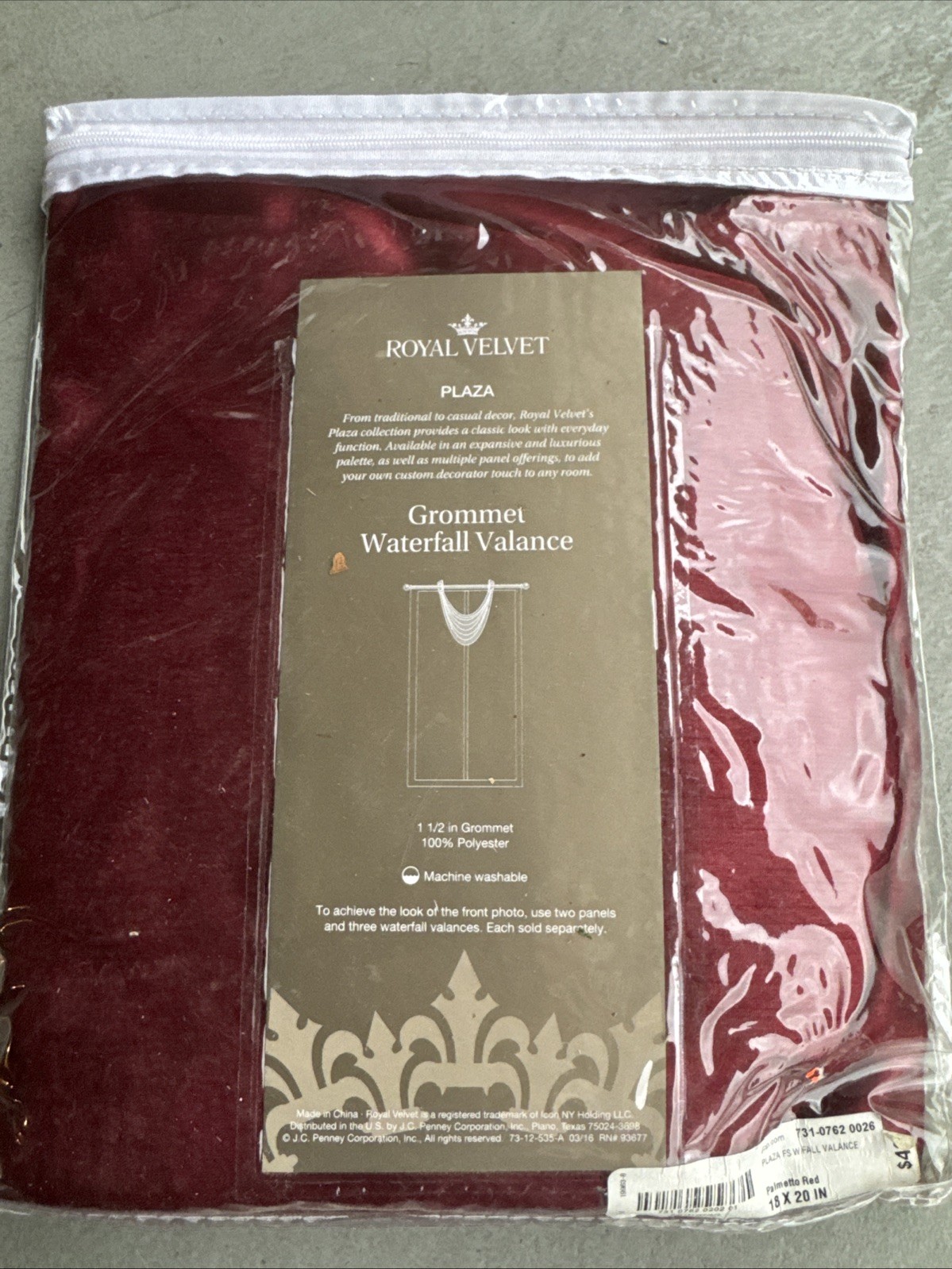 Royal Velvet Plaza Waterfall Grommet Valance Traditional Red 18 x 20″ NEW