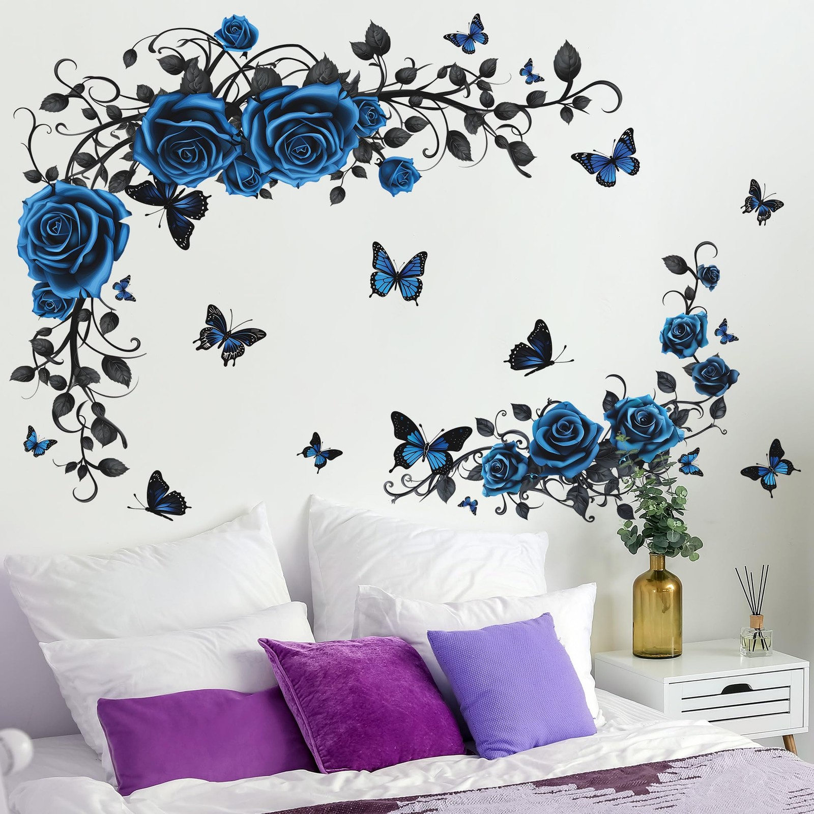 Removable Blue Floral Rose Wall Decor 3D Peel and Stick Flower Vine