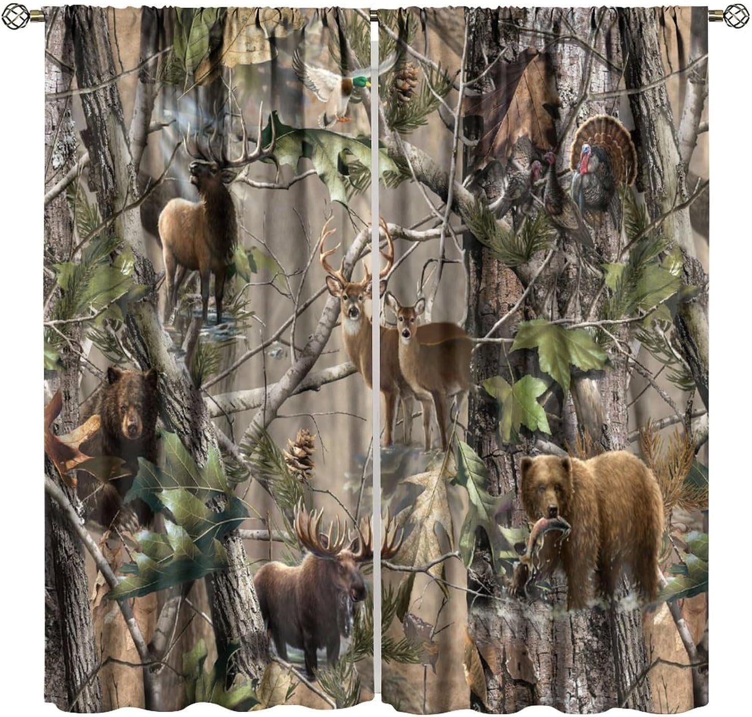 Forest Camo Blackout Curtains for Boys Room – 72″ W X 63″ L Wildlife Drapes