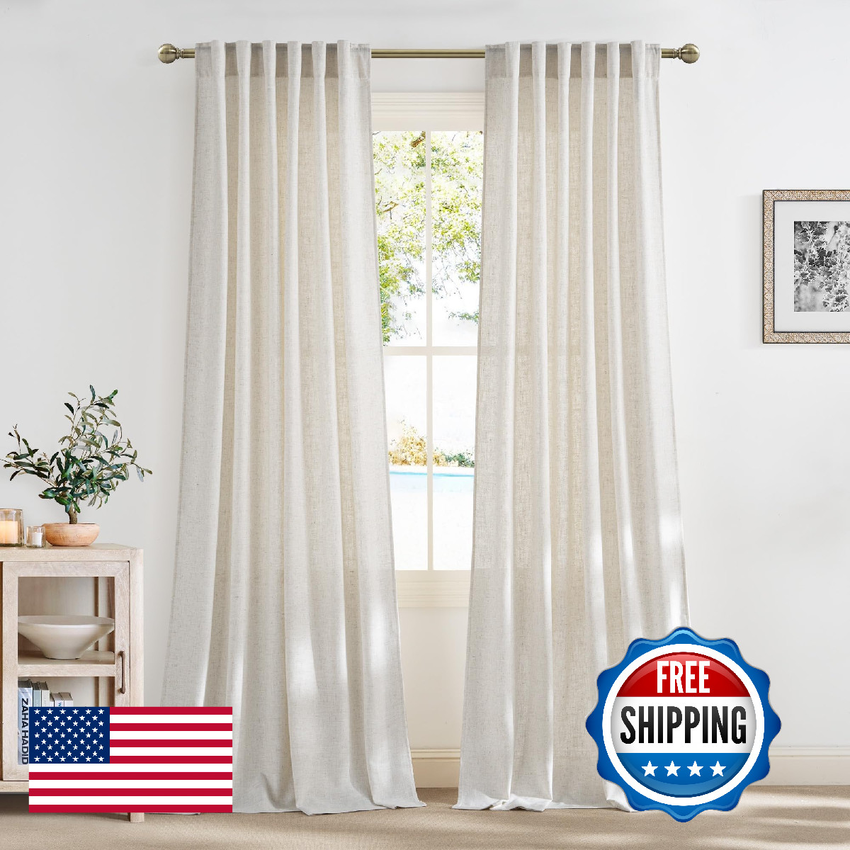 NICETOWN Linen Curtains 102 Inch Length 2 Panels Set for Living Room, 55″ Wide T