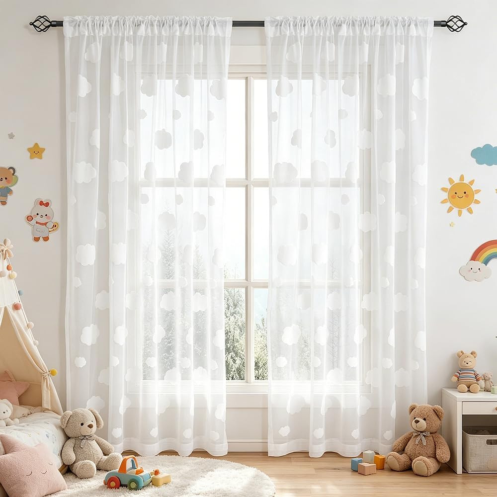 White Cloud Pattern Semi Sheer Curtains for Kids Bedroom | Light Filtering Rod P