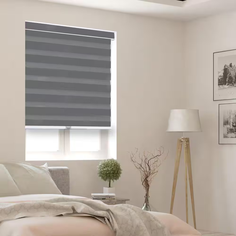 Gray Cordless Room Darkening Polyester Dual Layer Zebra Roller Shades-44 In. W X