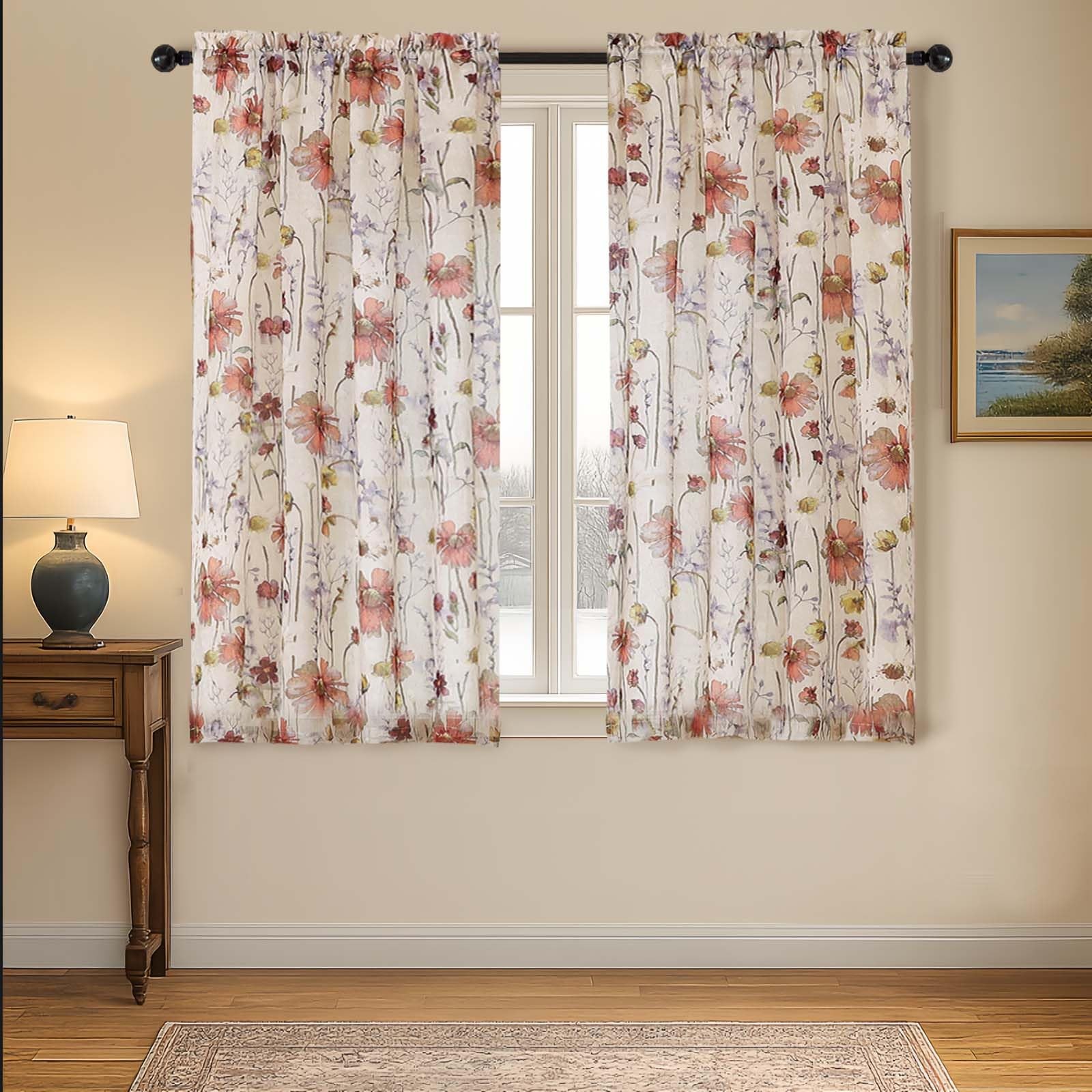 OVZME Printed Floral Short Curtains 45 42″W x 45″L (Pack of 2), Multi Color