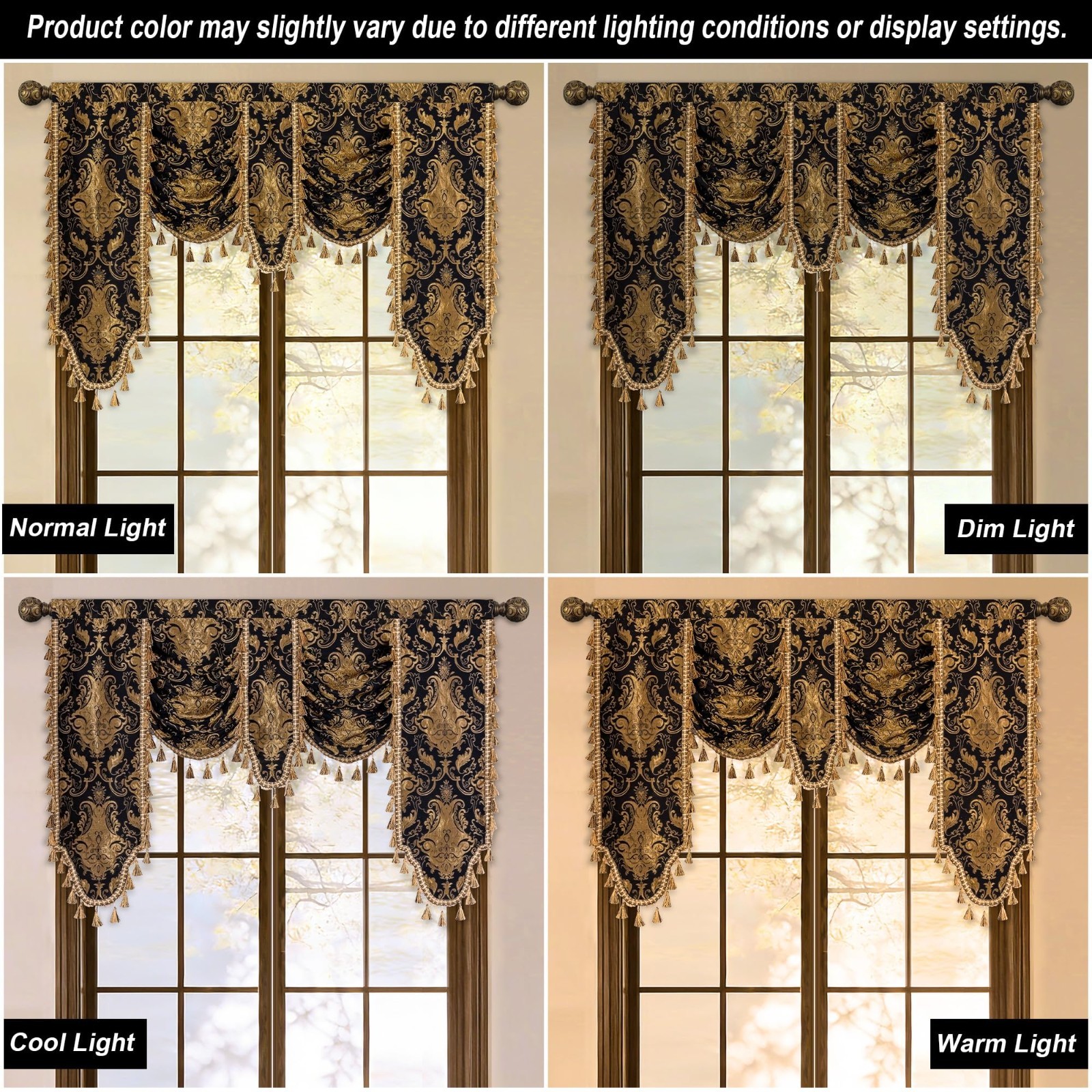 Luxury Damask Waterfall Valance Curtains, Black Gold, 59″ Wide, Elegant Home Dec