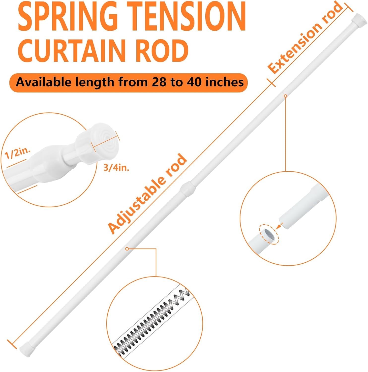Adjustable Tension Curtain Rods 28-40 Inch White Alloy Steel 2 Pcs